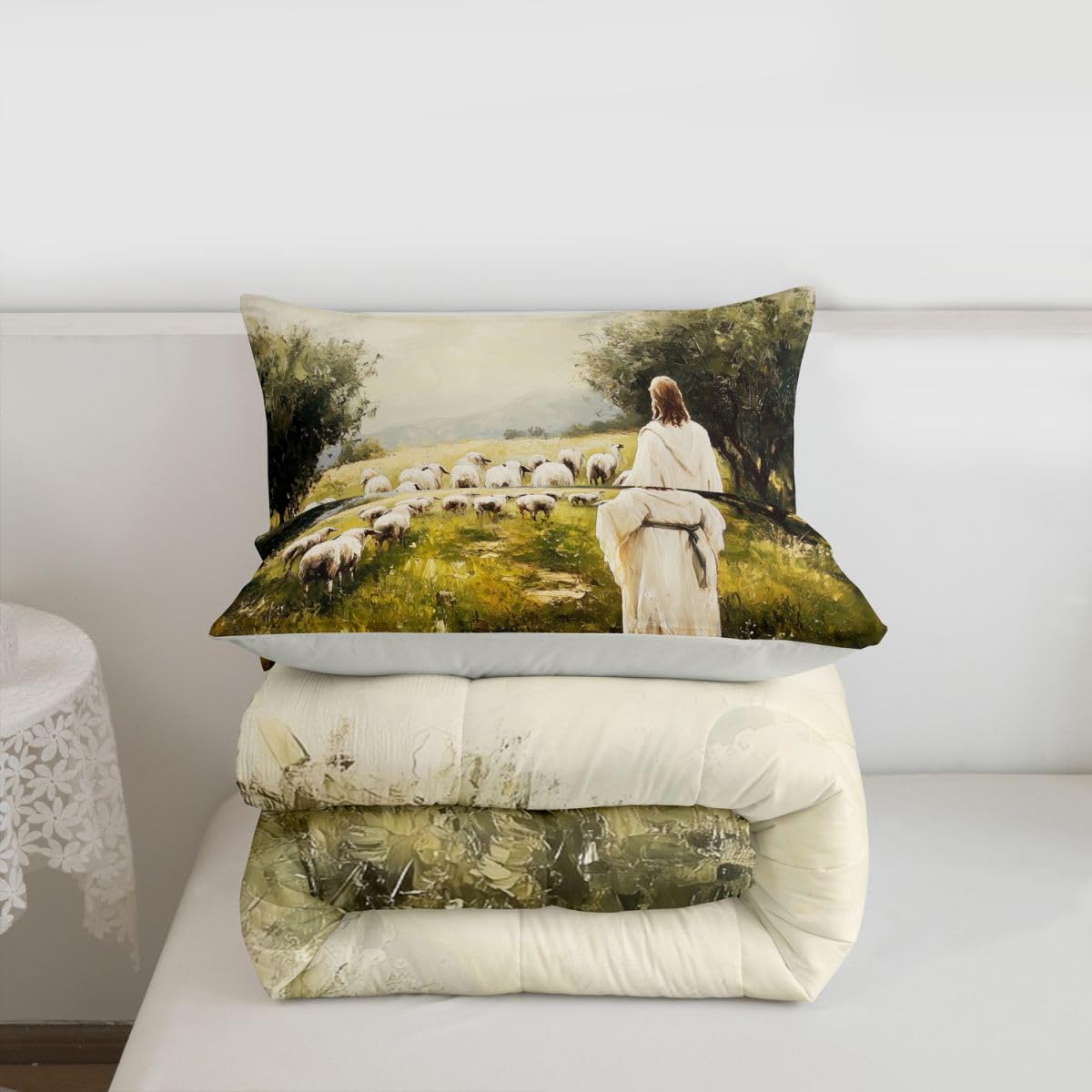 God and Lamb Kids Comforter Set Twin Size,Western Spiritual Bible Verse Bedding Set Boys Girls Room Decor,Bible Stories Spiritual Quilt Comforter,Green White Duvet Set Bedroom Quilt Set,1 Pillowcase