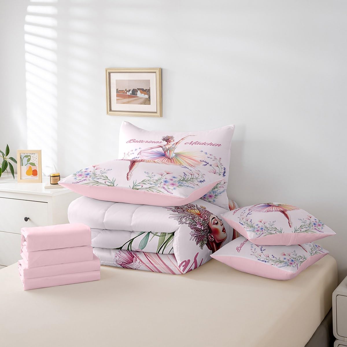 jejeloiu Love Gymnastics Bed Set Dancer 7 Pieces Bedding Set for Kids Groovy Flower Bed in a Bag with Comforter, Sheets, Pillowcases Ultra Soft Ballet All Season Breathable Lightweight Twin Size
