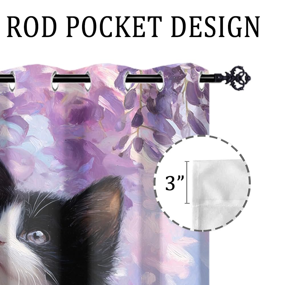 XSUPFLYM Colorful Beautiful Cute Kitten Window Perforated Curtains Funny Watercolor Spring Garden Lilac Flowers Animal Cat Thermal Curtains Suitable for Bedroom Living Room 2 Panels.Each 21"W x 45"L
