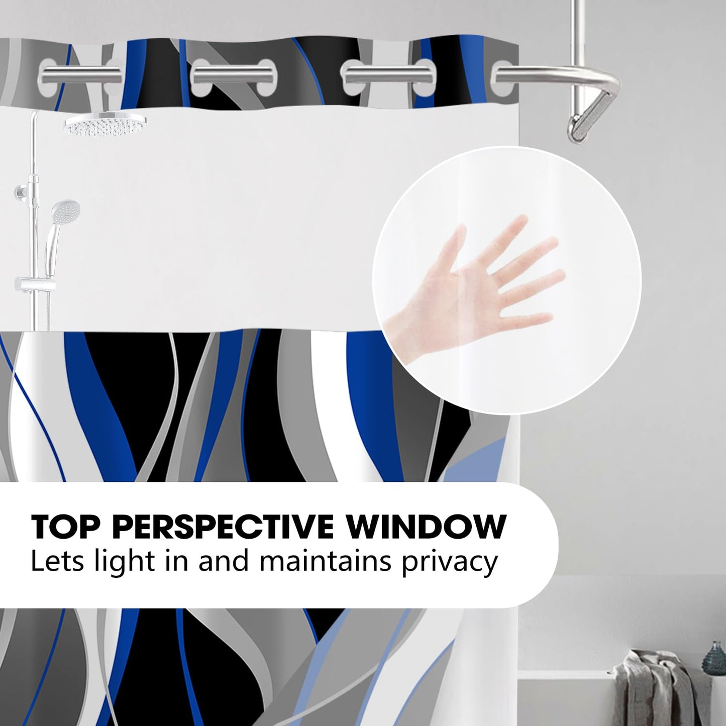 Nkzply No Hook Shower Curtain and Liner Set Blue Striped Shower Curtain with Snap in Liner Fabric Modern Black Grey Bathroom Set See Through Top Window Washable 71x74 Inch