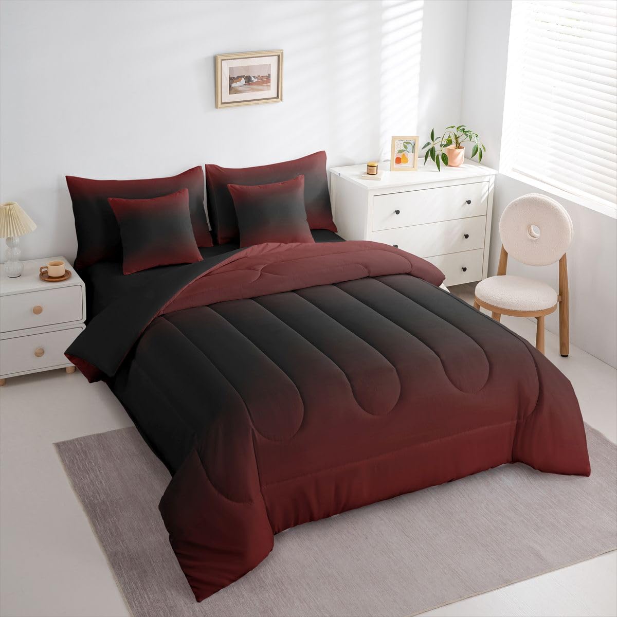 Erosebridal Red and Black 7 Piece Comforter Set Twin Bed in A Bag Ombre Bedding Set for Girls Women Abstract Gradient Sheet Set with Comforter Contemporary Art Duvet Insert