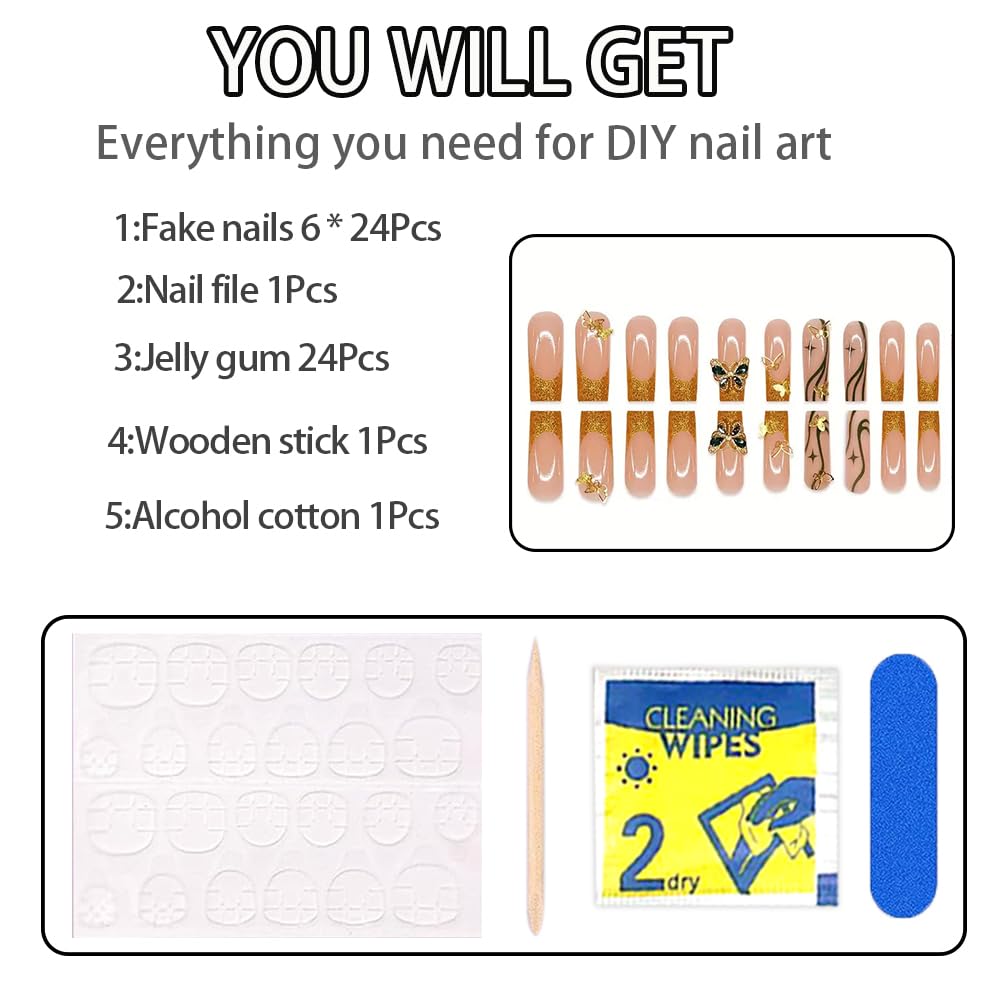 Hrnsnails French Tip Press On Nails Long Square Girls Fake Nails with 3D Butterfl Handmade High-end Design, Acrylic Artificial False Nails Press ons Stick On Nails for Women