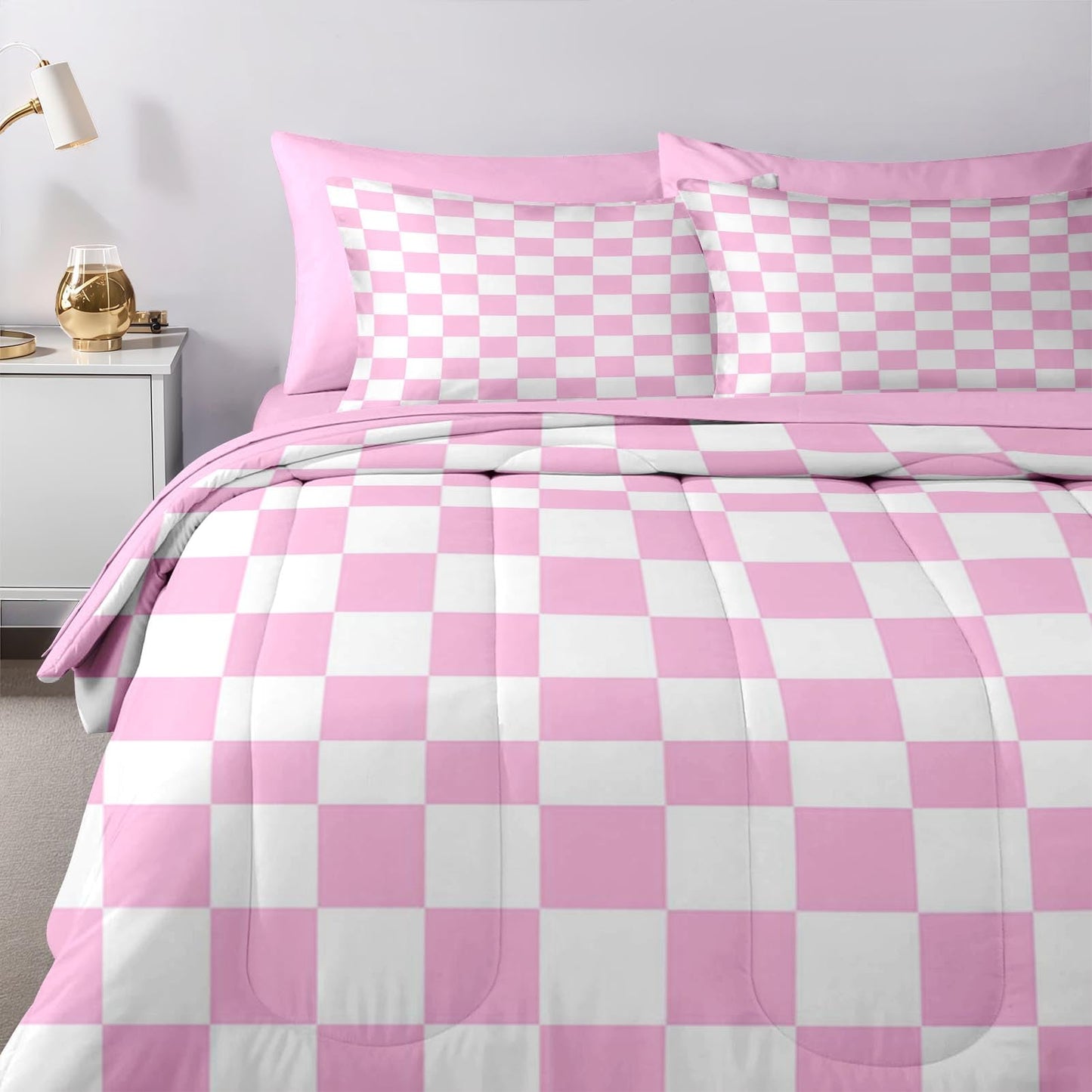 Nesker Comforter Set King Size, Light Pink Plaid Gingham 7 Pcs Bedding for Kids and Adults, Checkerboard Grid Bed Sheet Sets with Fitted Sheet 2 Pillowcases & 2 Shams