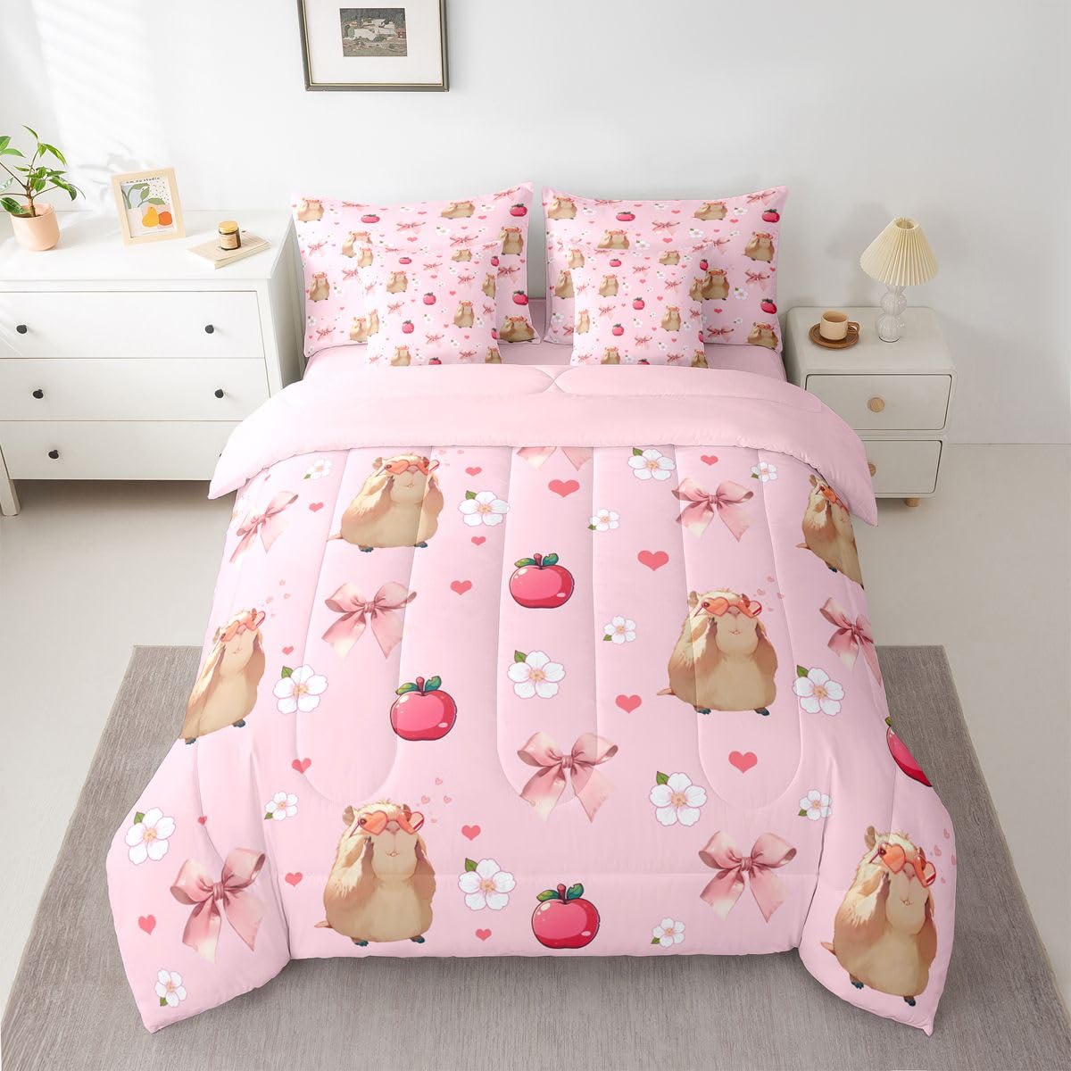 Feelyou Capybara Comforter Set King Size 7 Pieces Cute Pink Bow Bedding Set for Kids Boys Girls Soft Flower Texture Bed in a Bag with Comforter, Sheets, Pillowcases, Cushion Covers