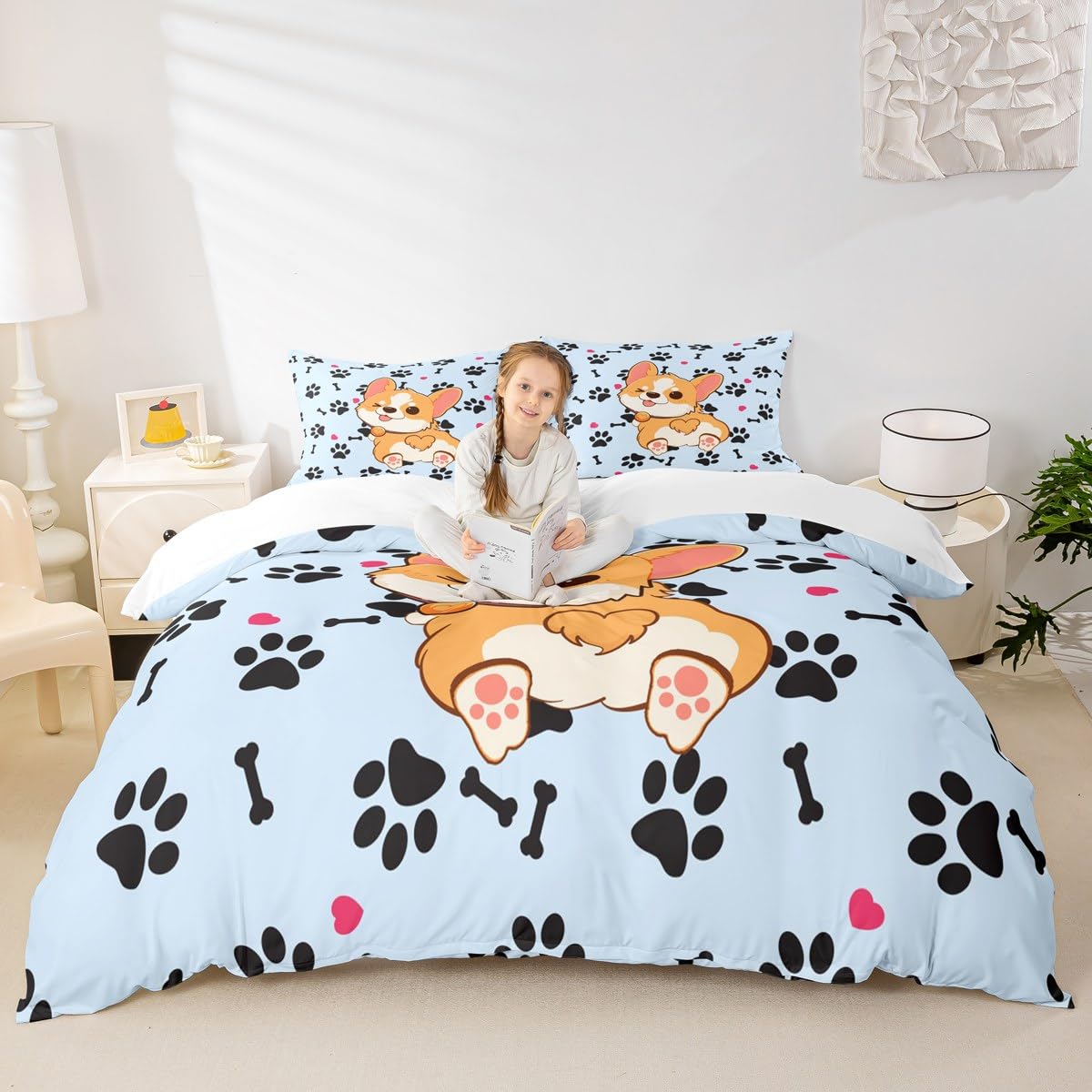 Cute Corgi Duvet Cover Set King Size,Cartoon Dog Footprint Bones Bedding Set 3pcs for Kids Boys Girls Room Decor,Smiling Doggy Comforter Cover Family Paw Quilt Cover with 2 Pillowcases,Blue