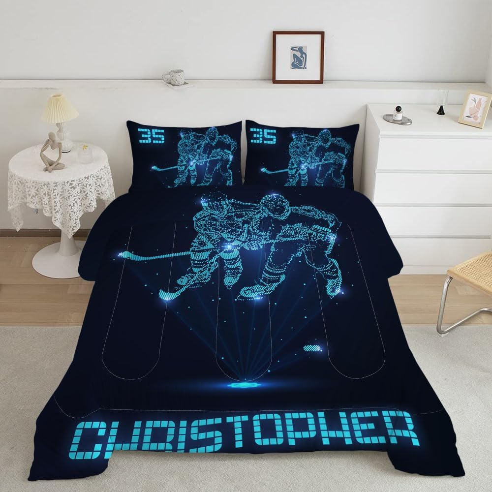 WAZARO Custom Amazing Ice Hockey Comforter Set, Personalized Hockey Bedding Twin Full Queen King, Hockey Decorations for Boys Room Bedspreads Sport Home Decor (Hologram Hockey Art)