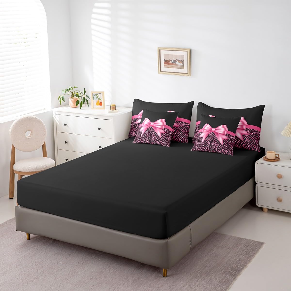 Feelyou Pink Bowknot 7 Piece Bedding Set Queen Size Glitter Print Comforter Set with Sheets for Kids Girls Adult Cute Bowknot Bed in a Bag Black Silver Bed Set