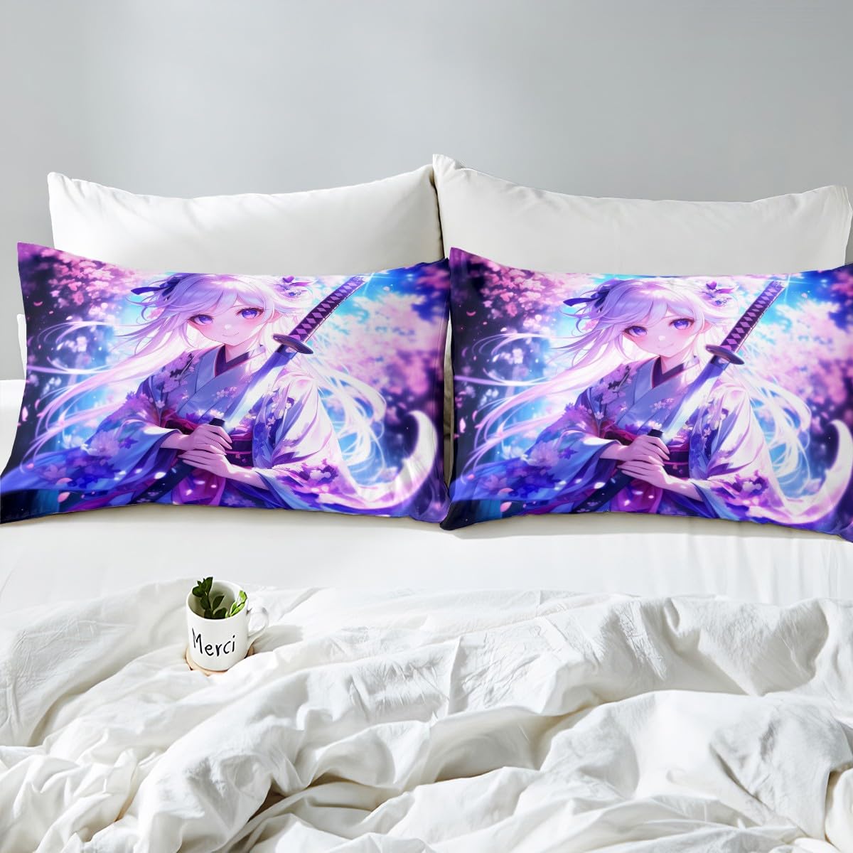 Erosebridal Anime Girl Twin Bedding Set for Kids, Kawaii Japanese Anime Fitted Sheet Cartoon Girl Bed Sheets Sci Fi Style Japanese Animation Sheets for Kids Girls Teens Adult Bedroom
