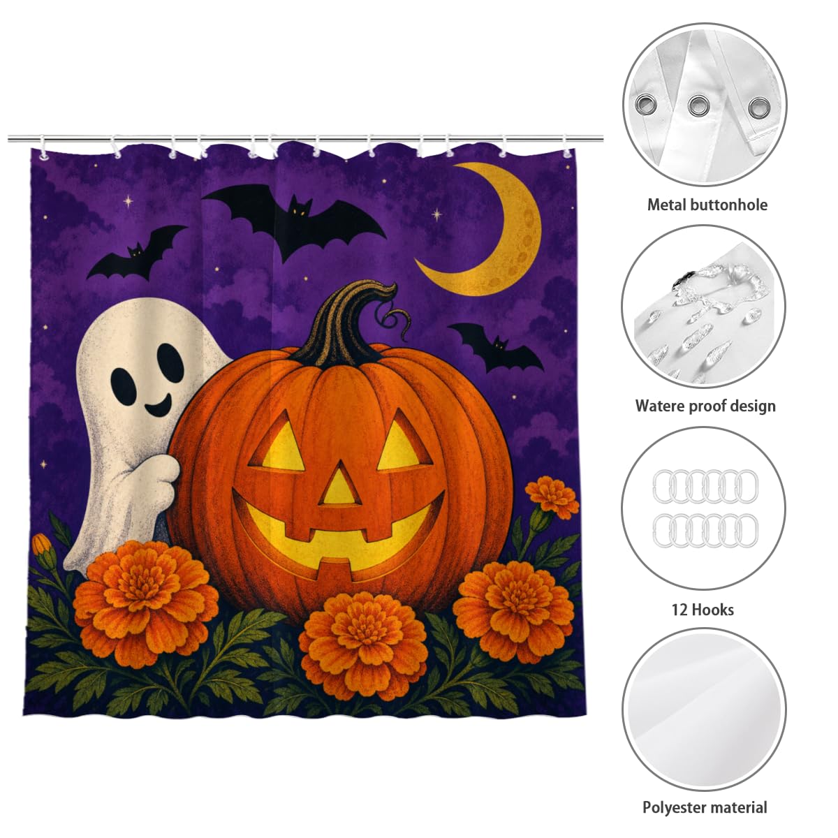TopPacific Halloween Ghost Pumpkin Shower Curtain 72x72 Inch Shower Curtain with 12 Hooks Polyester Ghost Jack O Lantern Bats Crescent Moon Purple Background Bathroom Decor