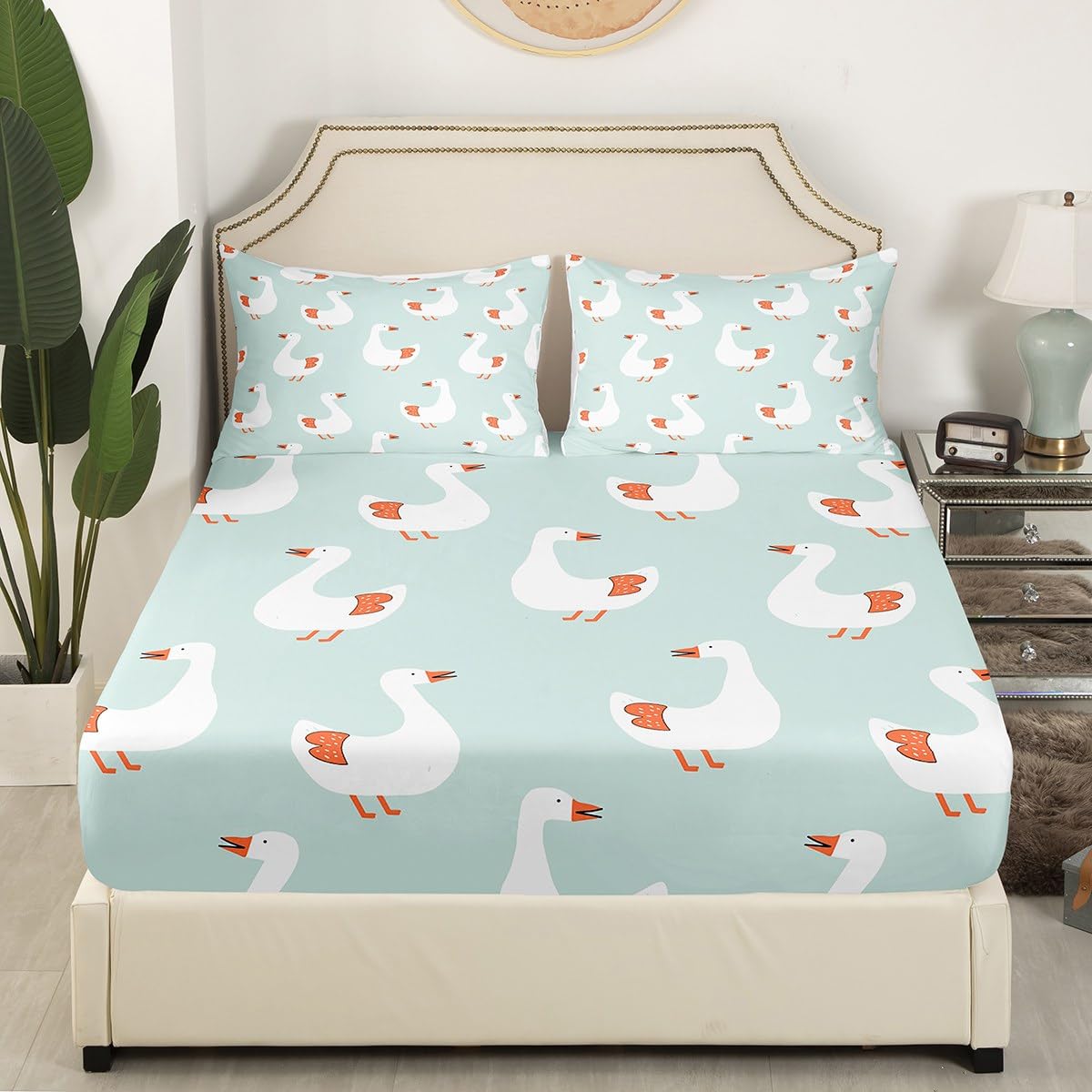 Erosebridal Cute Goose Sheet Set for Kids Child,Cartoon Hand Drawn Goose Pattern Bed Sheets Full,Farm Style Duck Animal Bedding Set,Country Wildlife Fitted Sheet + Top Sheet + 2 Pillowcases