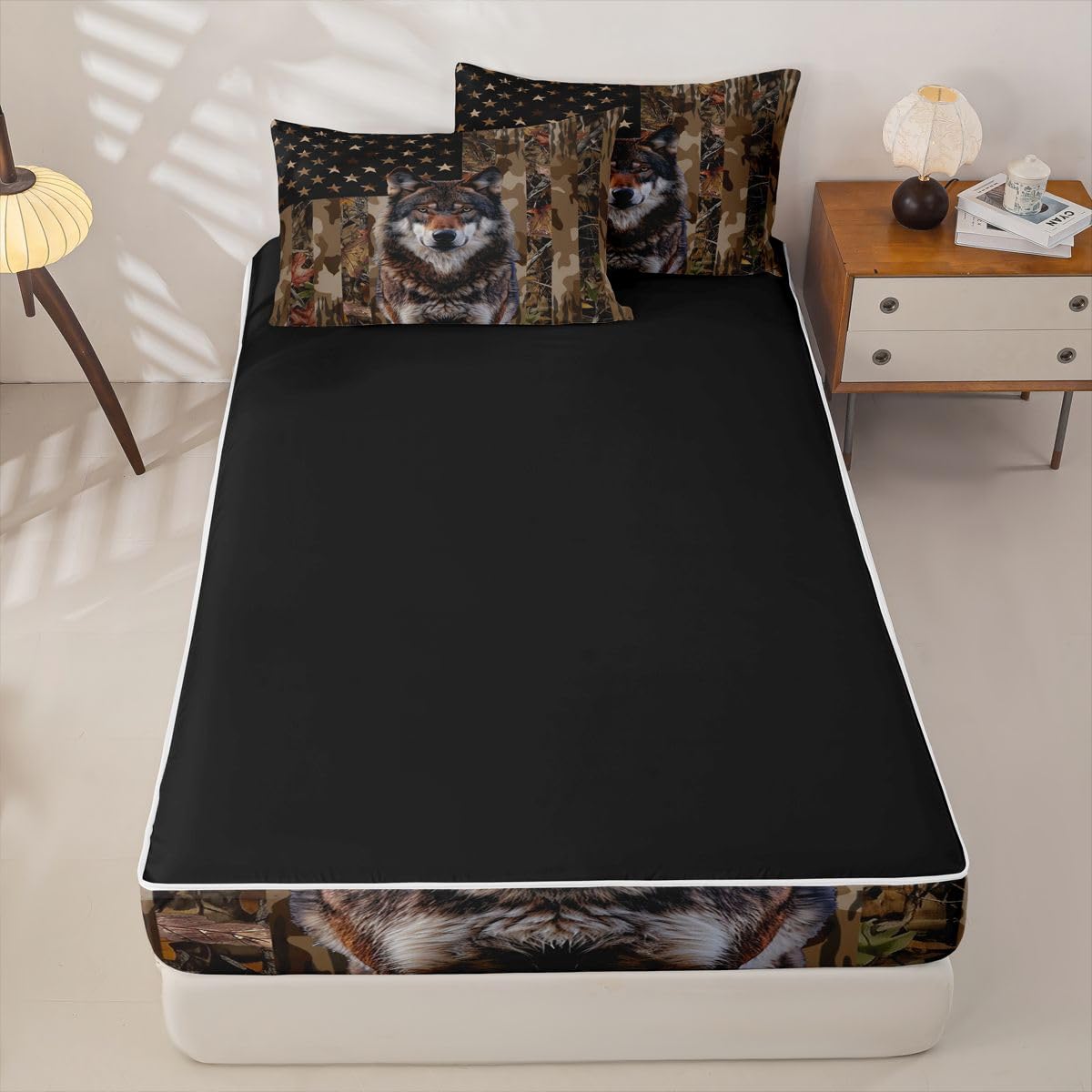 jejeloiu Wolf Hunting Camo Zipper Bedding for Kids Rustic Western Wolf Twin Comforter Set with Fitted Sheet 2 Pillowcases American Flag Bed in a Bag Brown Camouflage Soft Lightweight Microfiber