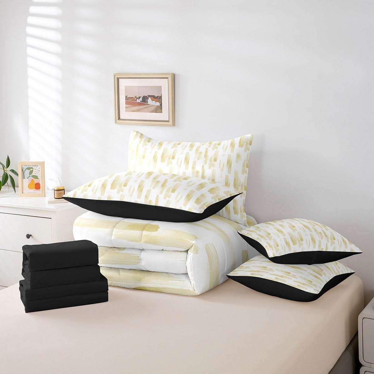 Erosebridal 7Pcs Lemon Yellow Boho Striped Comforter Set King,Geometric Stripes Abstract Bed in A Bag for Adults Women Men,Modern Ink Watercolor Quilt Set with Pillowcases,Ombre Gradient Art Bedding