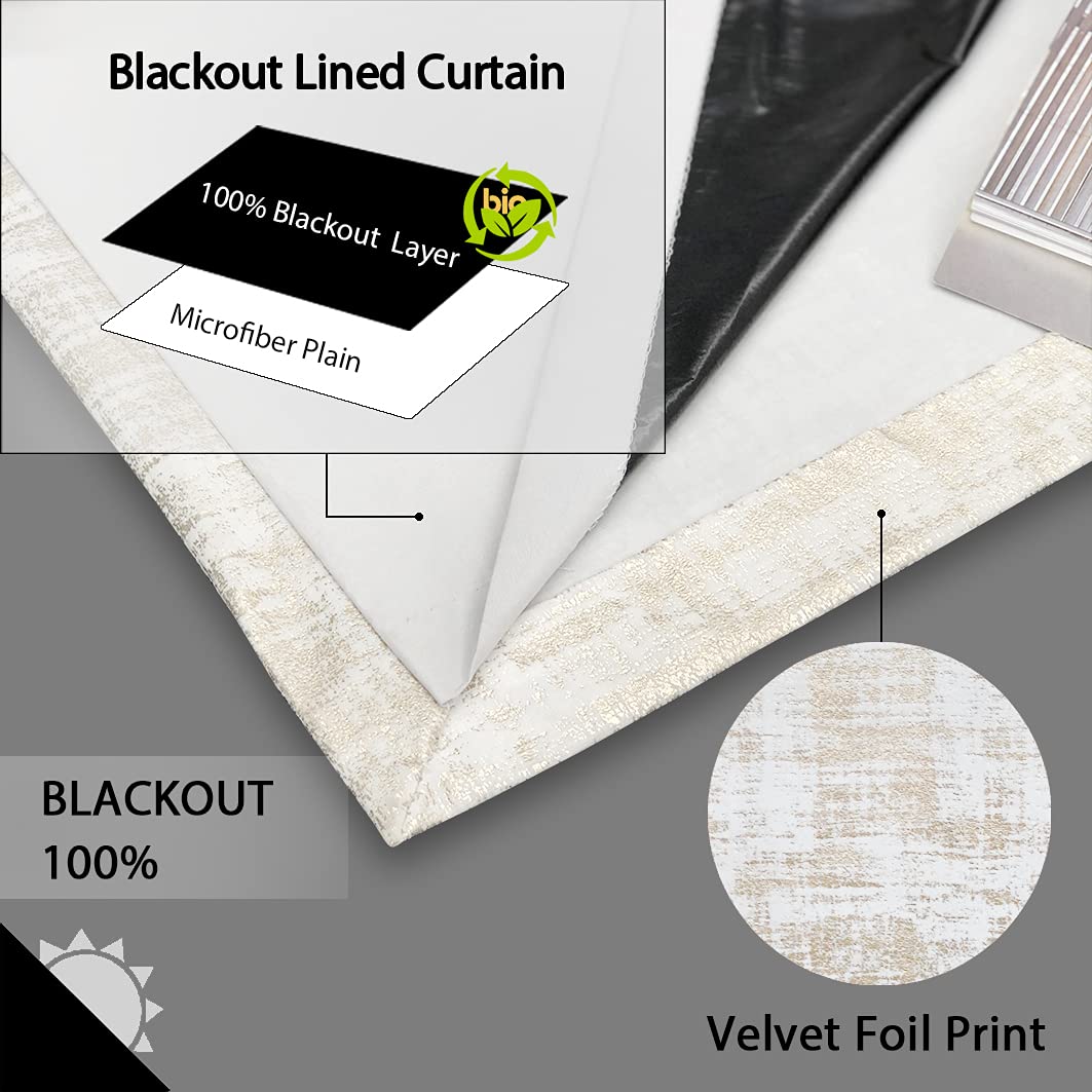 always4u 100% Blackout Soft Velvet Curtains for Bedroom Living Room Thermal Energy Saving 84 Inches Long Luxury Gold Foil Print Drapes 2 Panels White