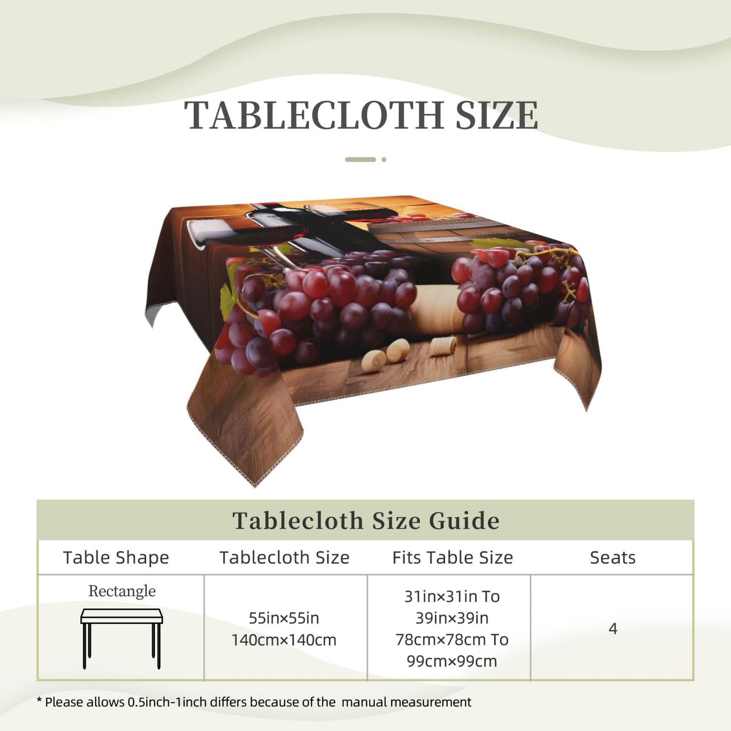 Edafol Red Wine Glass Grapes Wooden Square Table Cloth 55 in Washable Polyester Tablecloth Stain Resistant Table Cover for Dining Indoor Outdoor Party