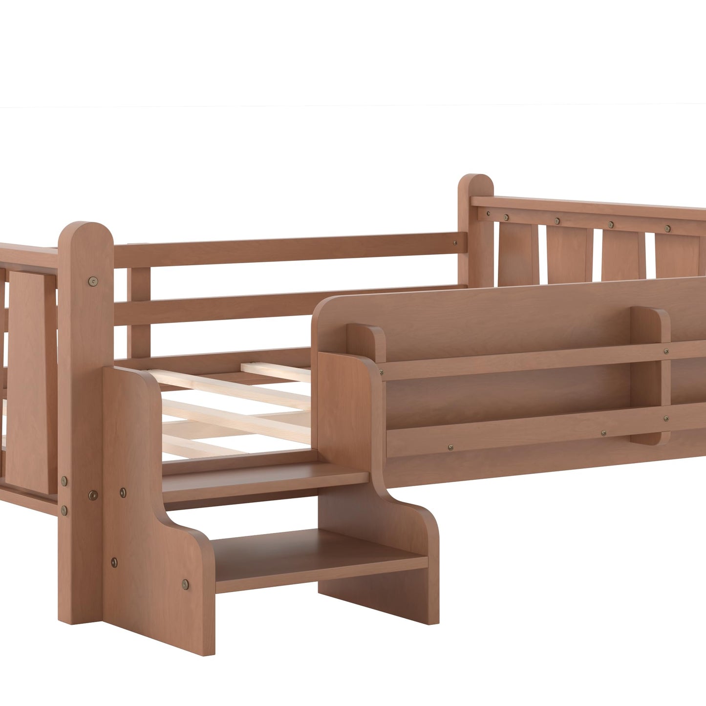 LUMISOL Kids Montessori Bed with Guardrail, Low Profile Bed Frame Full with Storage Shelves, Natural