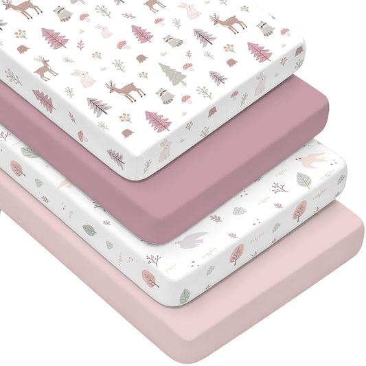 4 Pack Baby Crib Sheets for Girls - Ultra Soft & Skin-Friendly Fitted Crib Sheet for Standard Crib and Toddler Mattress, 52"x28"(Dusty Rose)