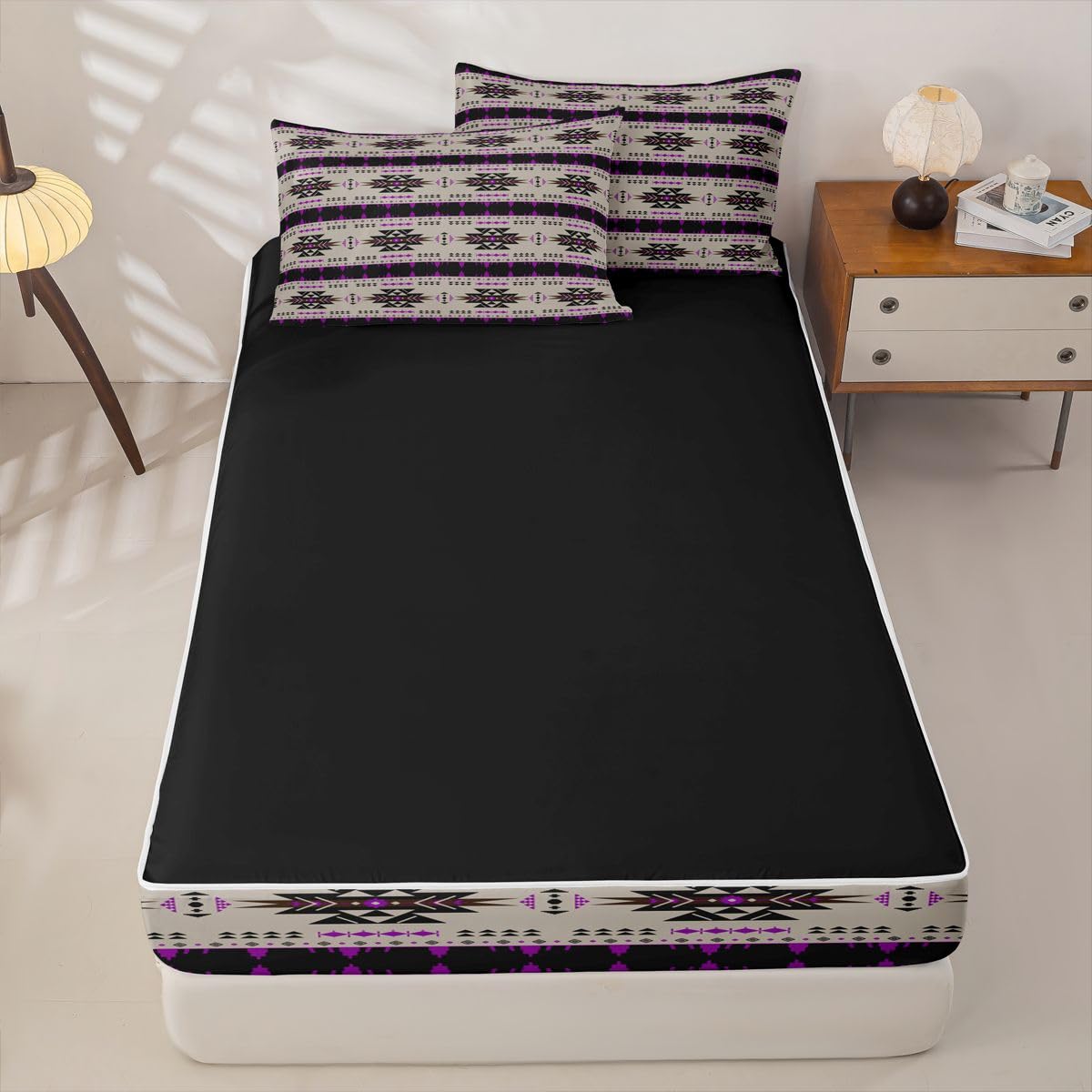 Vintage Exotic Geometric Zipper Bedding Set Queen Zip Up Bedding Western Ethnic Tribal Arrow Comforter Set African Tribal Sriped Triangle Bed in a Bag Brown Purple Bed Set with Comforter and Sheets