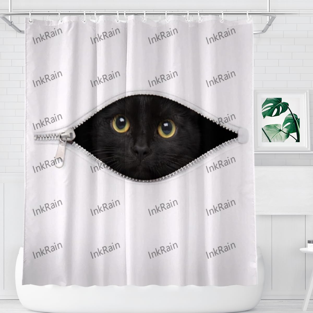 InkRain Black Cat Shower Curtain with 12 Hooks Cute Puppy Peek Design Bathroom Decor Waterproof Polyester Fabric Bath Curtain 72x80 Inch