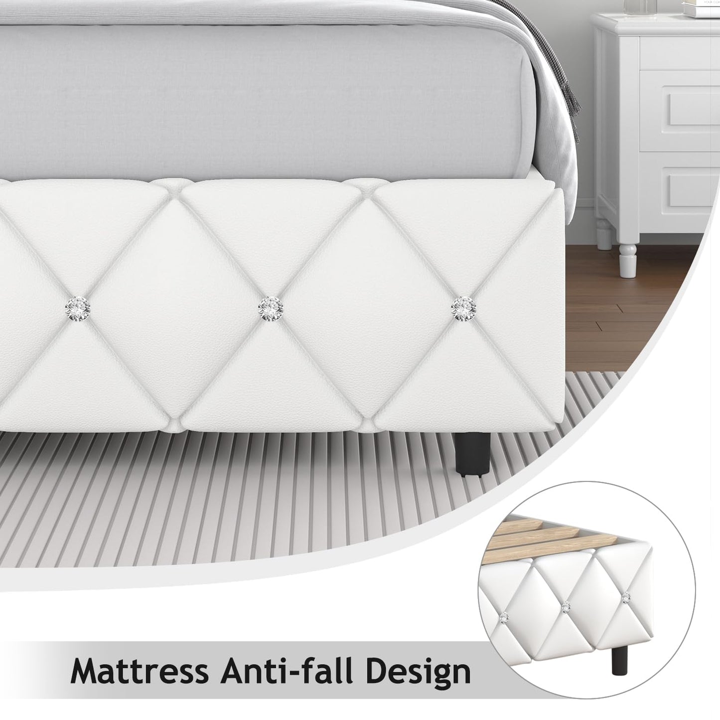 King Bed Frame, Faux Leather Platform Bed with Upholstered Diamond Headboard, Mattress Foundation with Strong Wooden Slats Support, No Box Spring Required, Easy Assembly, White