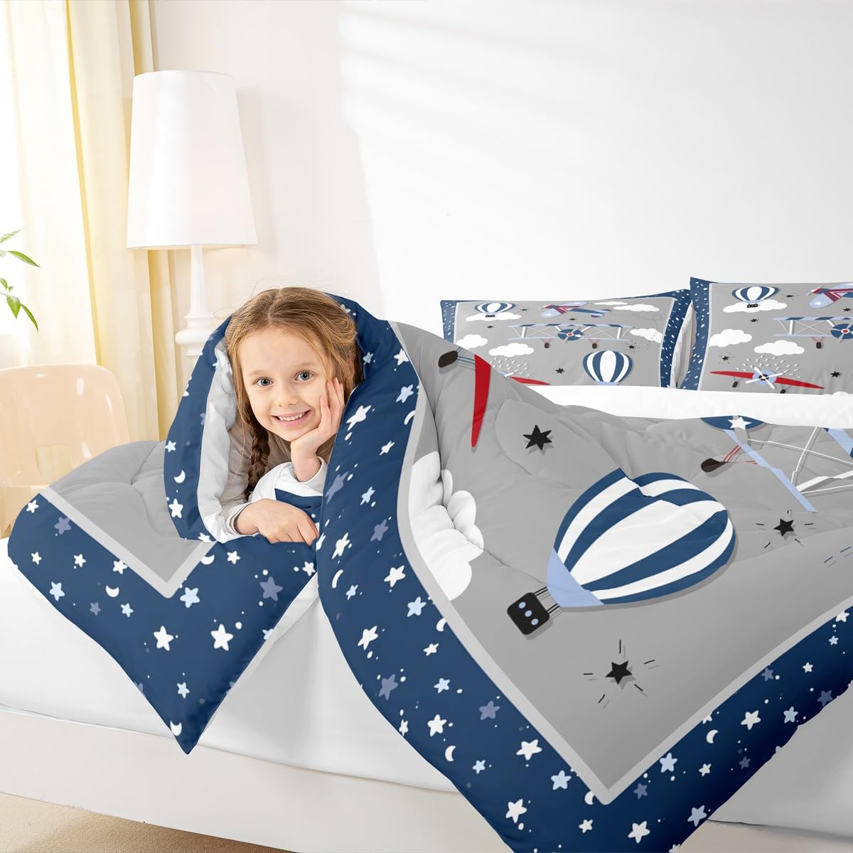 Airplane Bedding Set Twin Size for Kids Boys Bedroom Decor,Cartoon Aircraft Comforter Sets Teens Quilts Hot Air Balloon Cloud Starry Moon Bedding Chic Grey Navy Blue Duvet Insert,1 Pillowcase