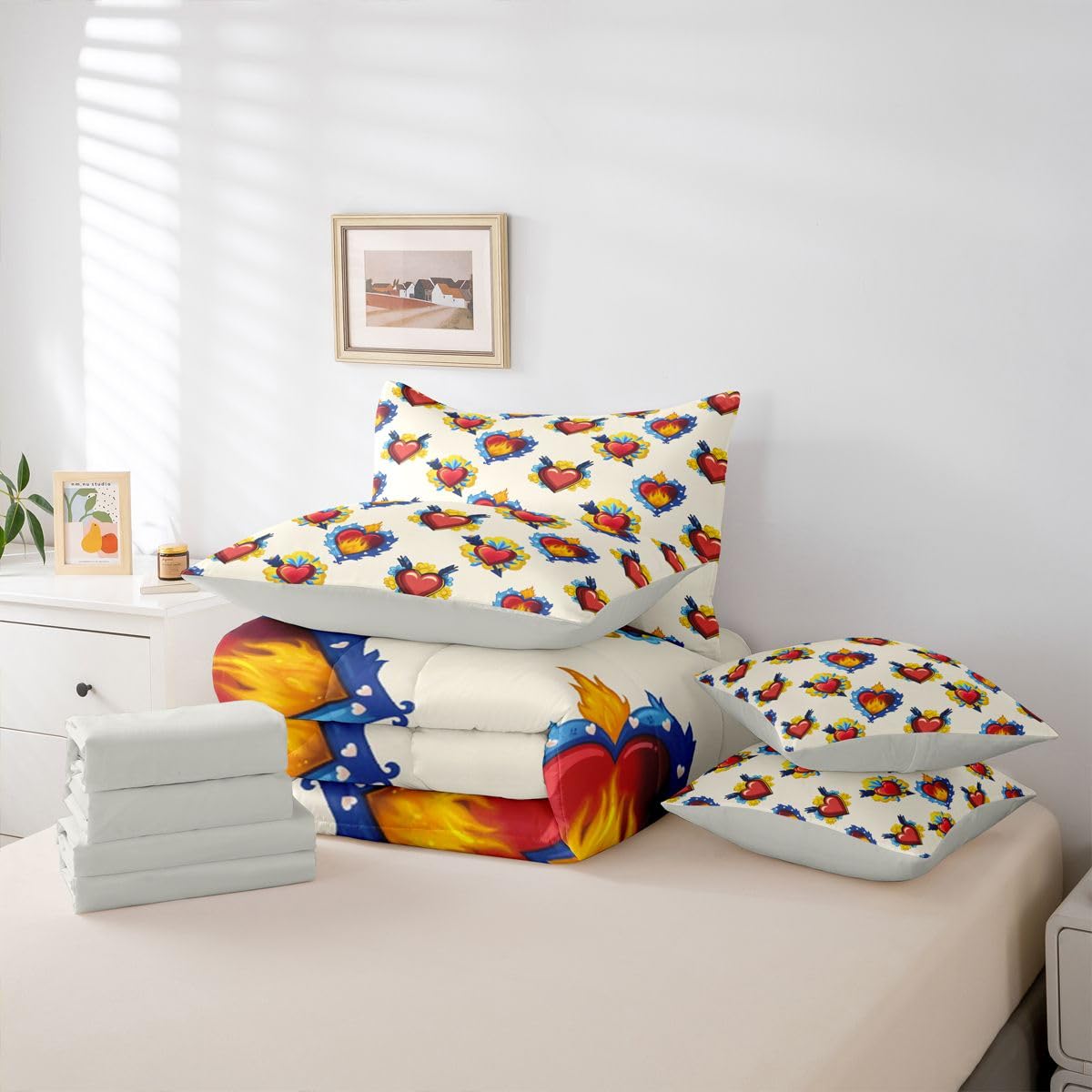 Erosebridal Heart Pattern Queen Comforter Set Red and Blue 7 Pieces Bedding Fire Flame Print Bed Set with Sheets Floral Bed in A Bag Bedroom Decor