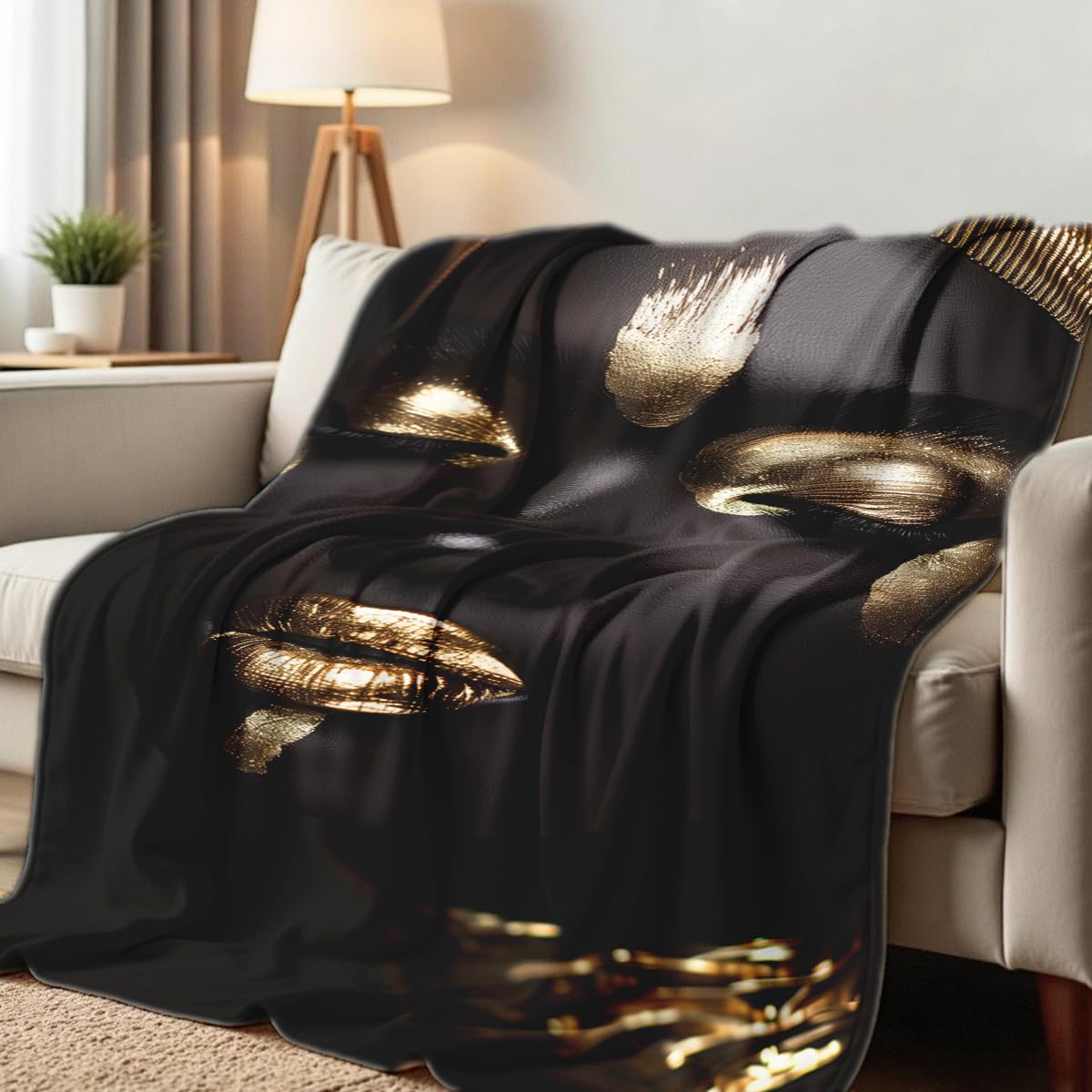 HUNXIAOJ African American Woman Blanket Throw Black Gold Print Flannel Blanket Gifts for Girls Female Women African American Couch Bed Living Room Home Decor 49"x59"