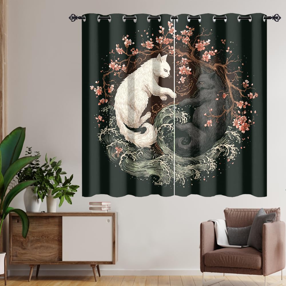 XSUPFLYM Beautiful Japanese Yin Yang Cat Privacy Perforated Curtains Retro Anime Cherry Blossom Floral Ocean Waves Animals Curtains Top Grommets Window Treatment 2 Panels.Each 21" W x 54" L