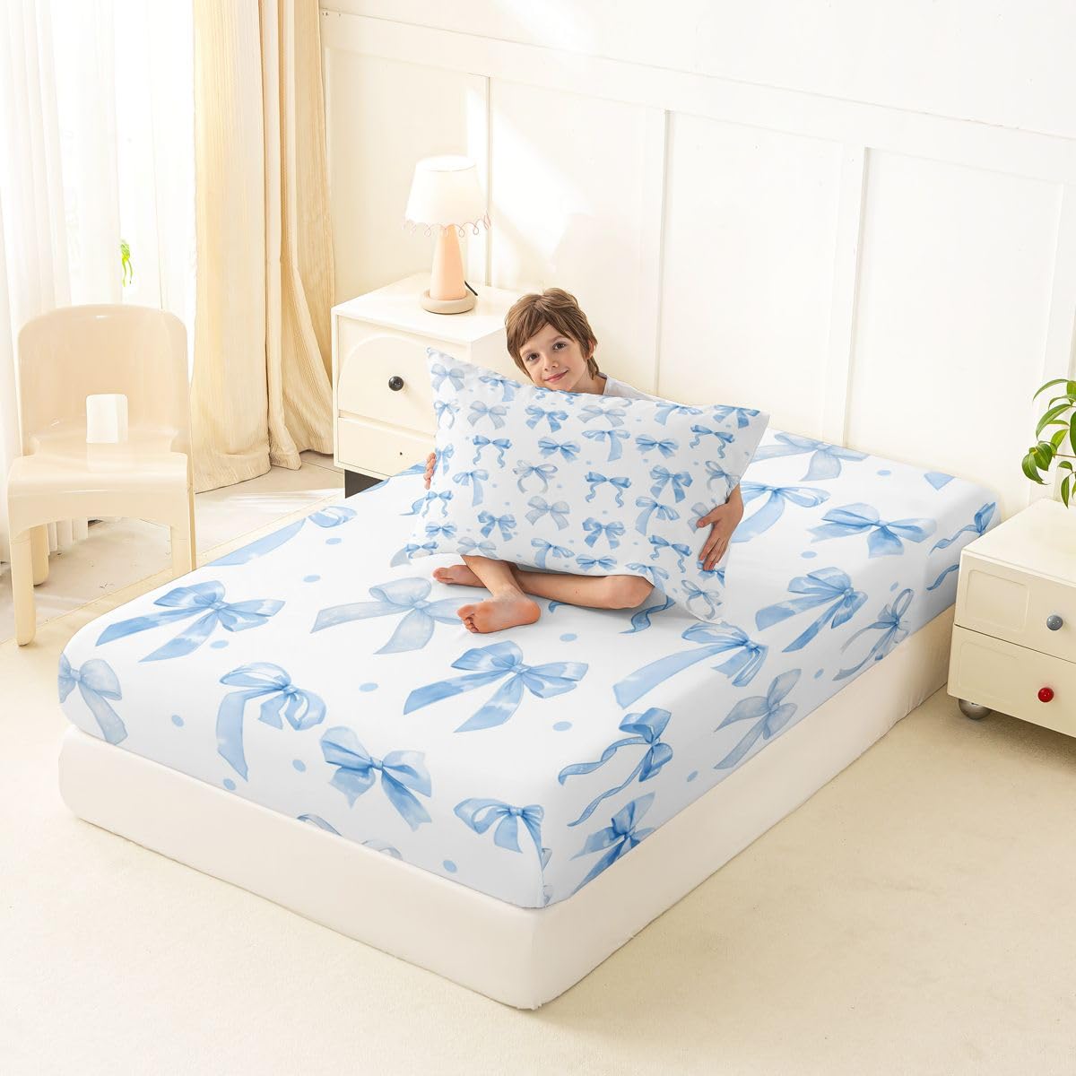 jejeloiu White Blue Bow Fitted Sheet Twin Size for Kids Boys Girls Dreamy Princess Bowknot Bed Sheets Set 16" Deep Pocket Kawaii Ribbon Bow Knot Bedding with 1 Pillowcase Room Decor