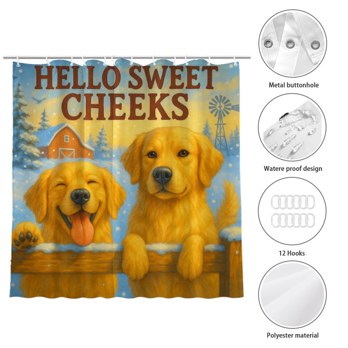 REZHOCH Shower Curtain Farm Funny Golden Retriever Durable Waterproof Fabric Bathtub Sets Cute Animals Winter Home Bathroom Decor Decoration Hello Sweet Cheeks 72x72inch with 12 Hooks