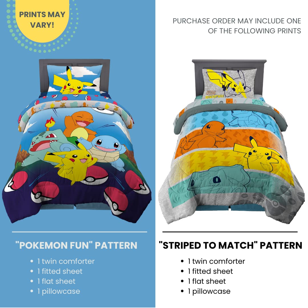 Franco Kids Bedding Super Soft Comforter and Sheet Set, 4 Piece Twin Size, Pokemon (Prints May vary)