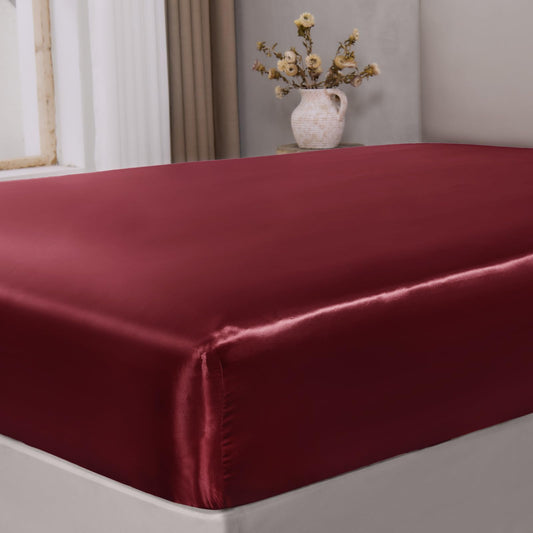 BEDELITE Satin Fitted Sheet Queen with Elastic Corner Straps, Luxury Soft Silk-Like Bed Sheet for Hair & Skin, 1 Deep Pocket Fitted Sheet Only Fits 15" Mattress, Fade & Wrinkle Resistant, Burgundy