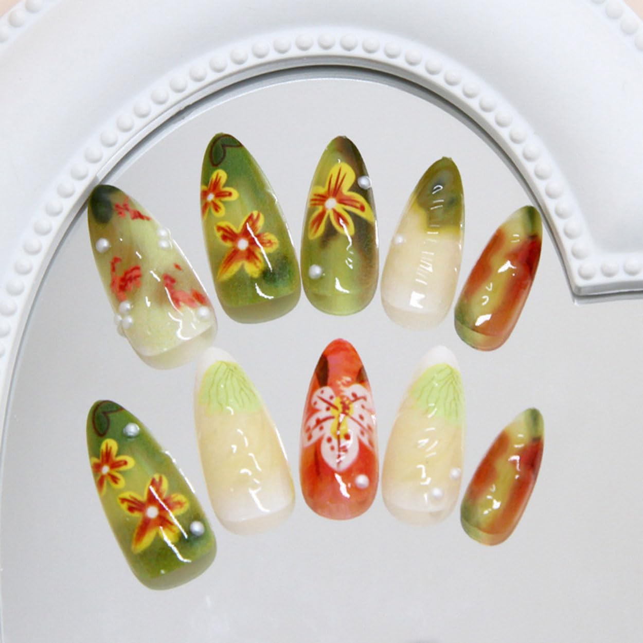 Press on Nails Almond Medium Fall Ombre Fake Nails French Tip False Nails Press ons with Pearl Design Glue on Nails Artificial Acrylic Nail Art Glossy Full Cover Stick on Nail Supplies for Women 24Pcs