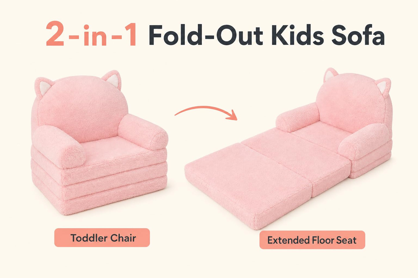 MONKISS Kids Couch, Comfy Toddler Chair, 2 in 1 Fold Out Kids Sofa, Baby Sitting Chair with Washable Cover, Toddler Furniture for Reading, TV and Playroom, Birthday Gift for Girls, 1-4 Years Old, Pink