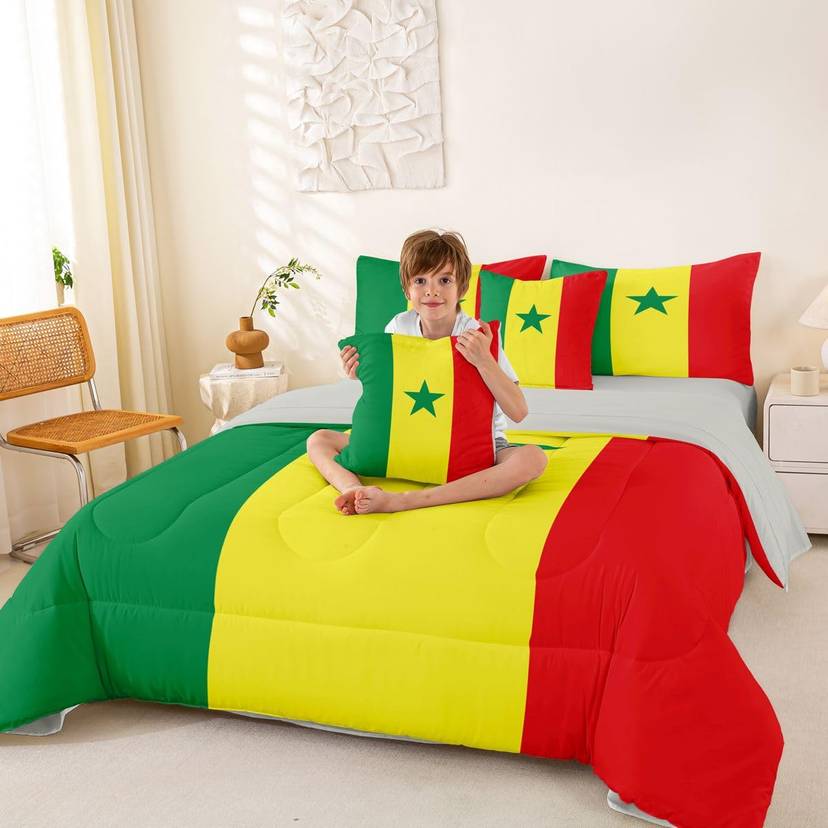 Feelyou Senegal Paisley Flag Comforter Set with Sheets 7 Piece King Size Senegalese Paisley Bedding Set for Kids Boys Girls International Flag Bed in a Bag Room Decor Soft Lightweight Microfiber
