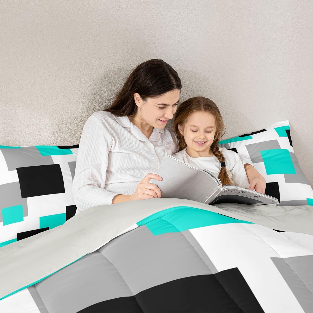 Castle Fairy Teal Grid Comforter Set Queen Size,Black Grey Geometric Down Alternative Adults Room Decor,Modern Abstract Square Splicing Ultra Soft Microfiber Inner Fill 3Pcs Bedding