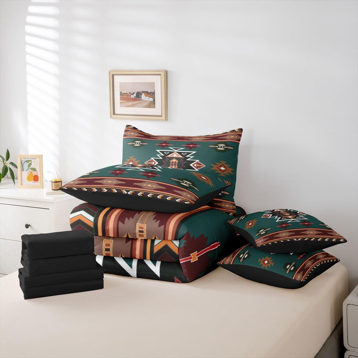 Erosebridal Western Twin Comforter Set with Sheets | Southwestern Decor Geometric 7-Piece Bedding Set Farmhouse Aztec Bed in a Bag, Stripes Diamond Triangle Bed Sets,Green