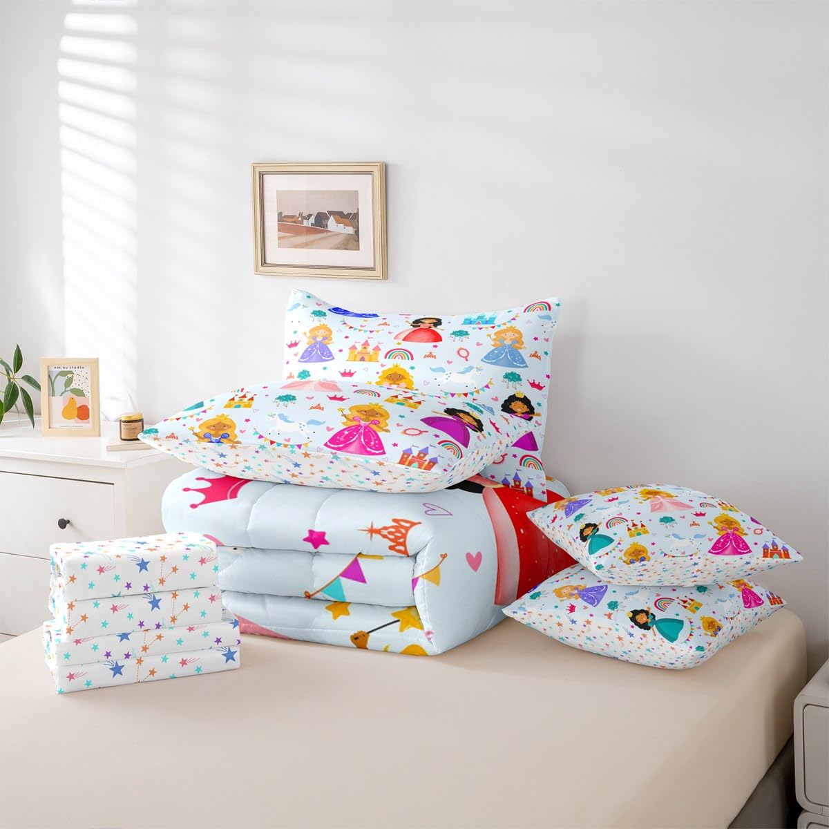 jejeloiu Cute Princess 7 Piece Bedding Set Twin Size Girly Loves Bed in a Bag for Boys Girls Bedroom Decor Pale Blue Clound Rainbow Comforter Set with Sheets,Pillowcases & Cushion Cover Castle Soft