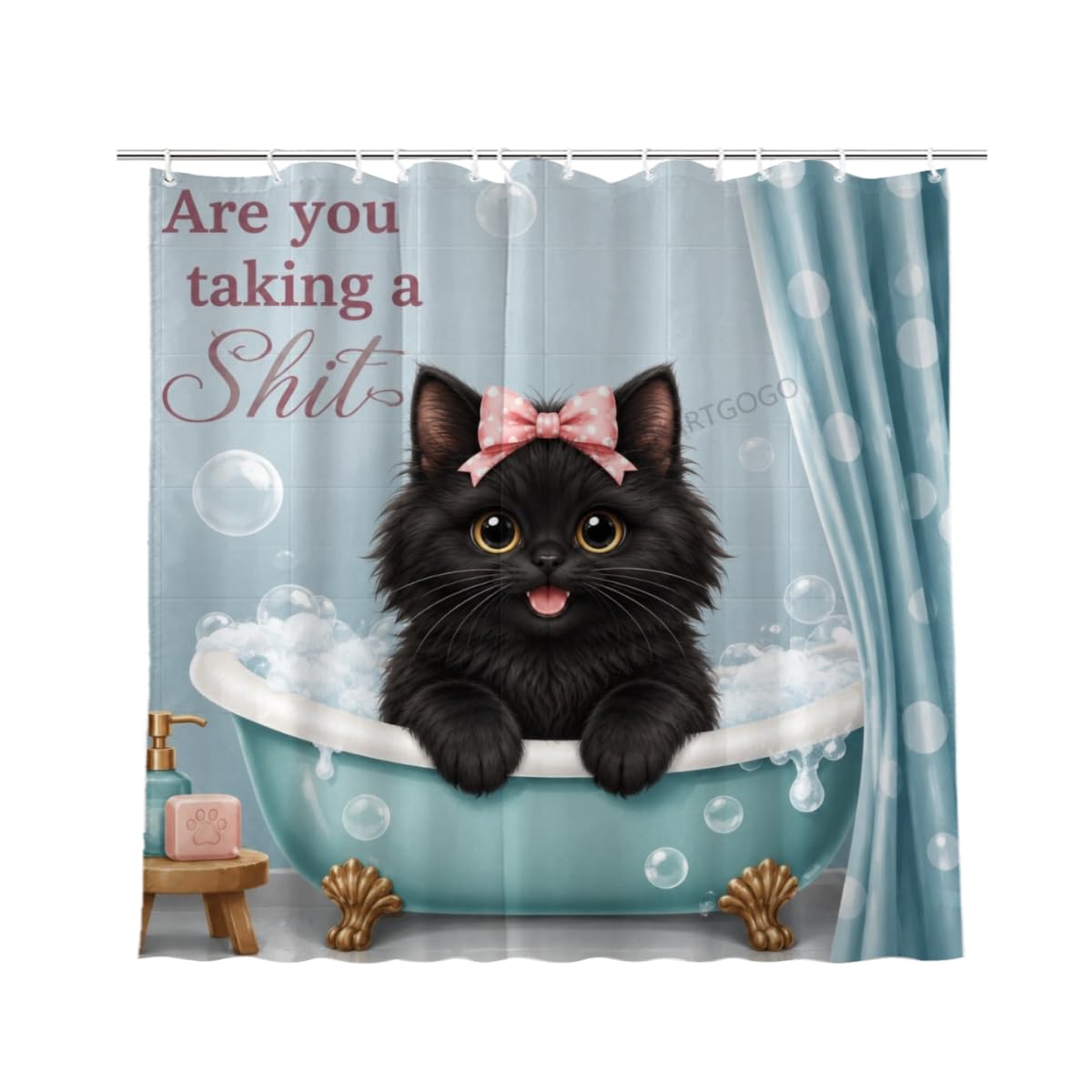 LFINKARTGOGO Cute Black Cat Shower Curtain 72x72 with 12 Hooks Bubble Bathtub Light Blue Waterproof Washable Polyester Bath Curtain for Home Hotel Decor