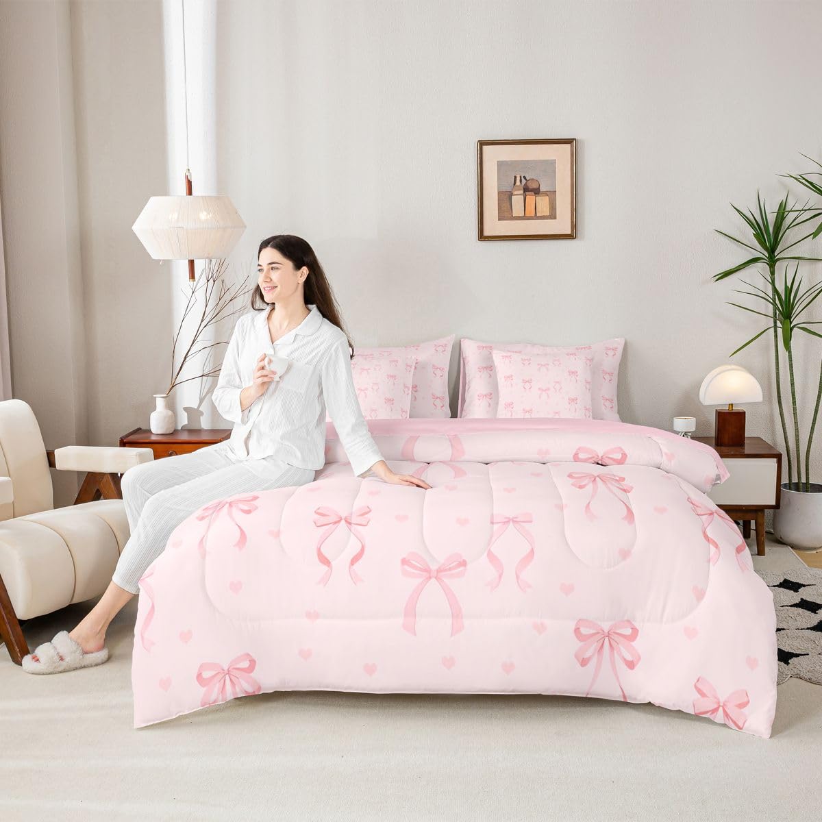 Erosebridal Pink Bow Comforter Set Princess Bowknot Bed in A Bag Full Size 7 Pieces Girly Pink Bows Bed Set Room Decor Ribbon Bow Knot Bedding with Sheets