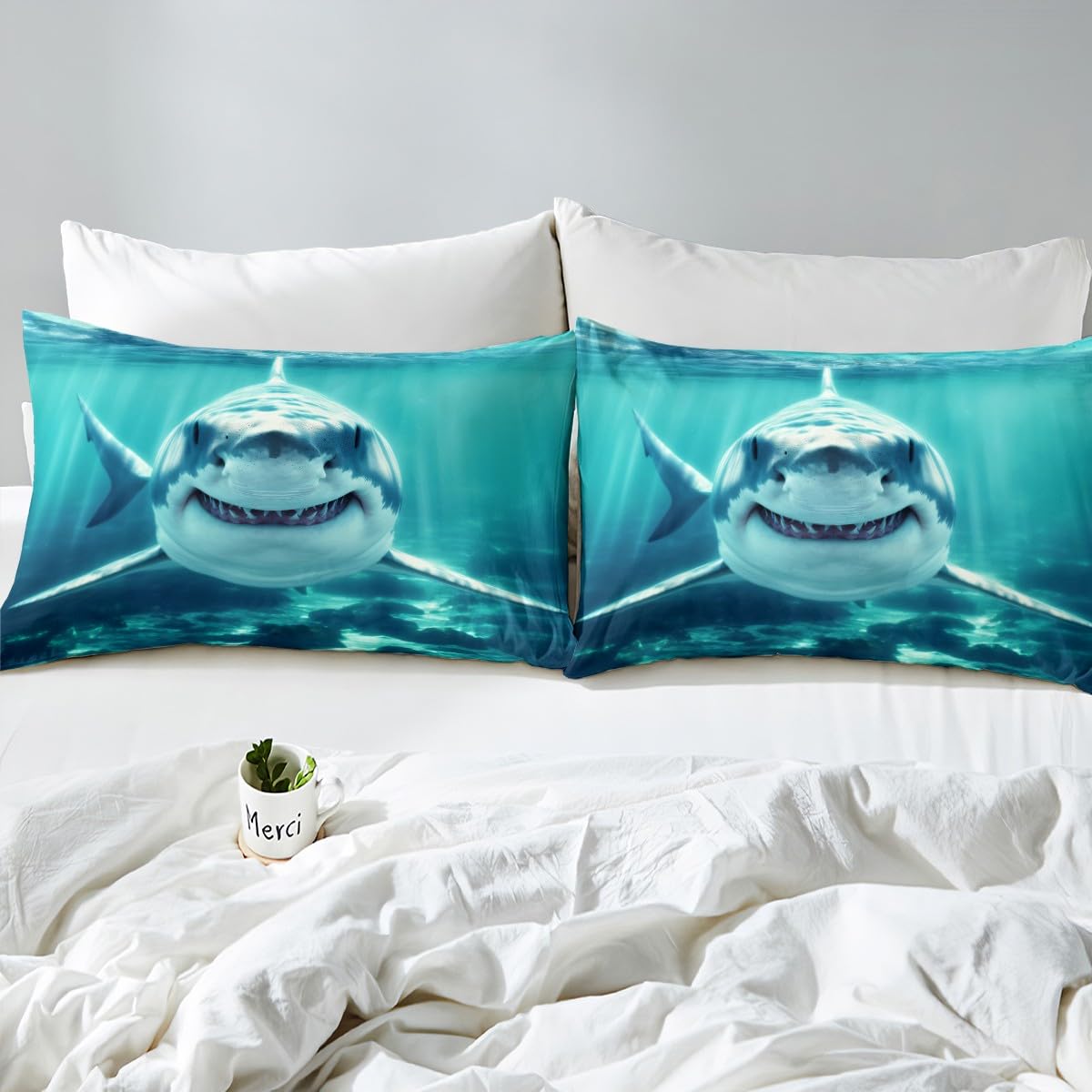 Feelyou Kids Shark Fitted Sheet Ocean Creature Bed Sheet Set Deep Pocket Sea Animal Bedding Baby/Boys Queen Size Includes 1 Sheets & 2 Pillowcases (No Flat Sheet)