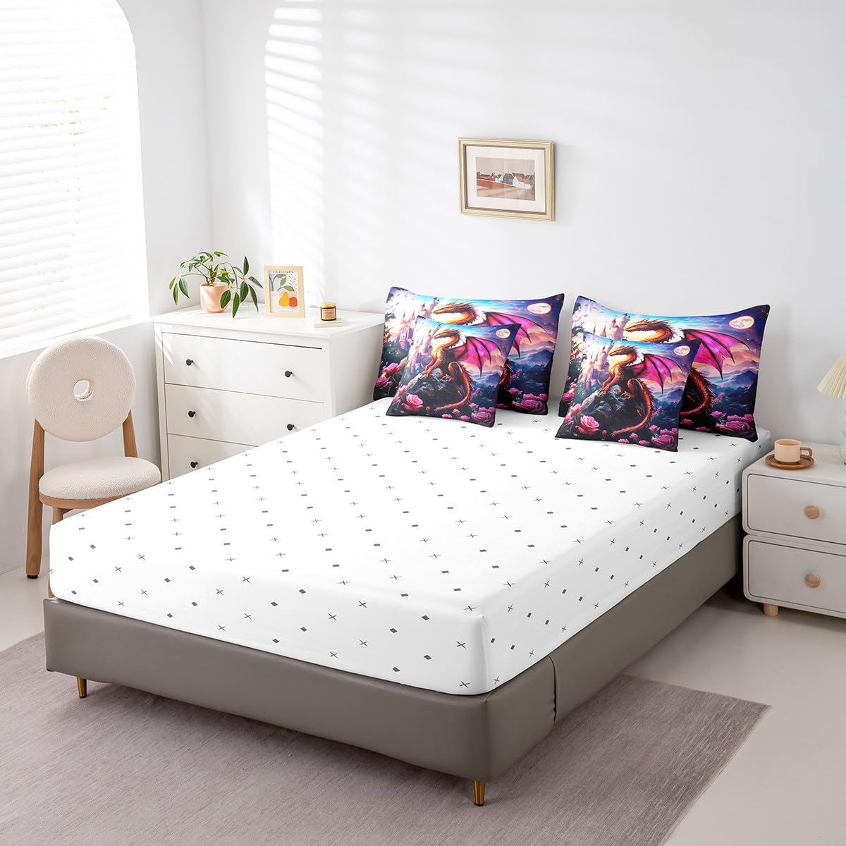 7 Pieces Rose Castle Dragon Comforter Set Queen,Blossom Flower Animal Bed Set for Kids Boys Girls,Fantasy Wildlife Bedding(1 Comforter,1 Fitted Sheet,1 Flat Sheet,2 Pillowcases,2 Throw Pillow Cover)
