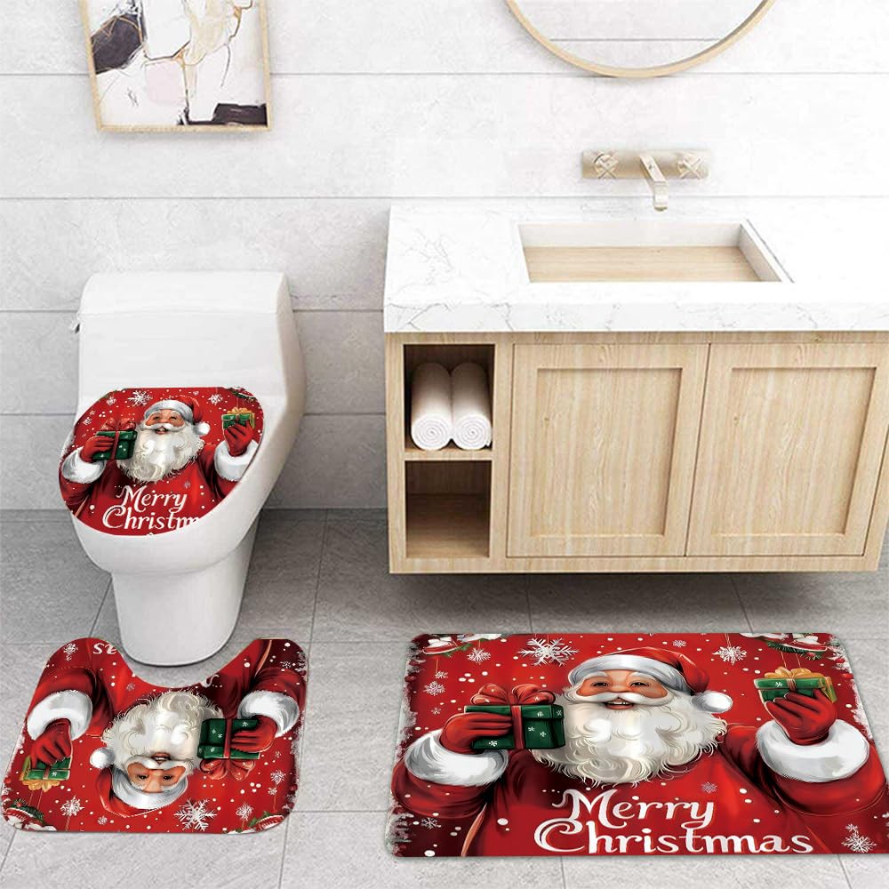 Czrqvyx Merry Christmas Shower Curtain Sets for Bathroom,Red Santa Claus with Non-Slip Rugs Toilet Lid Cover and Bath Mat 12 Hooks Waterproof 4 PCS Bathroom Decor Set for Christmas Decor