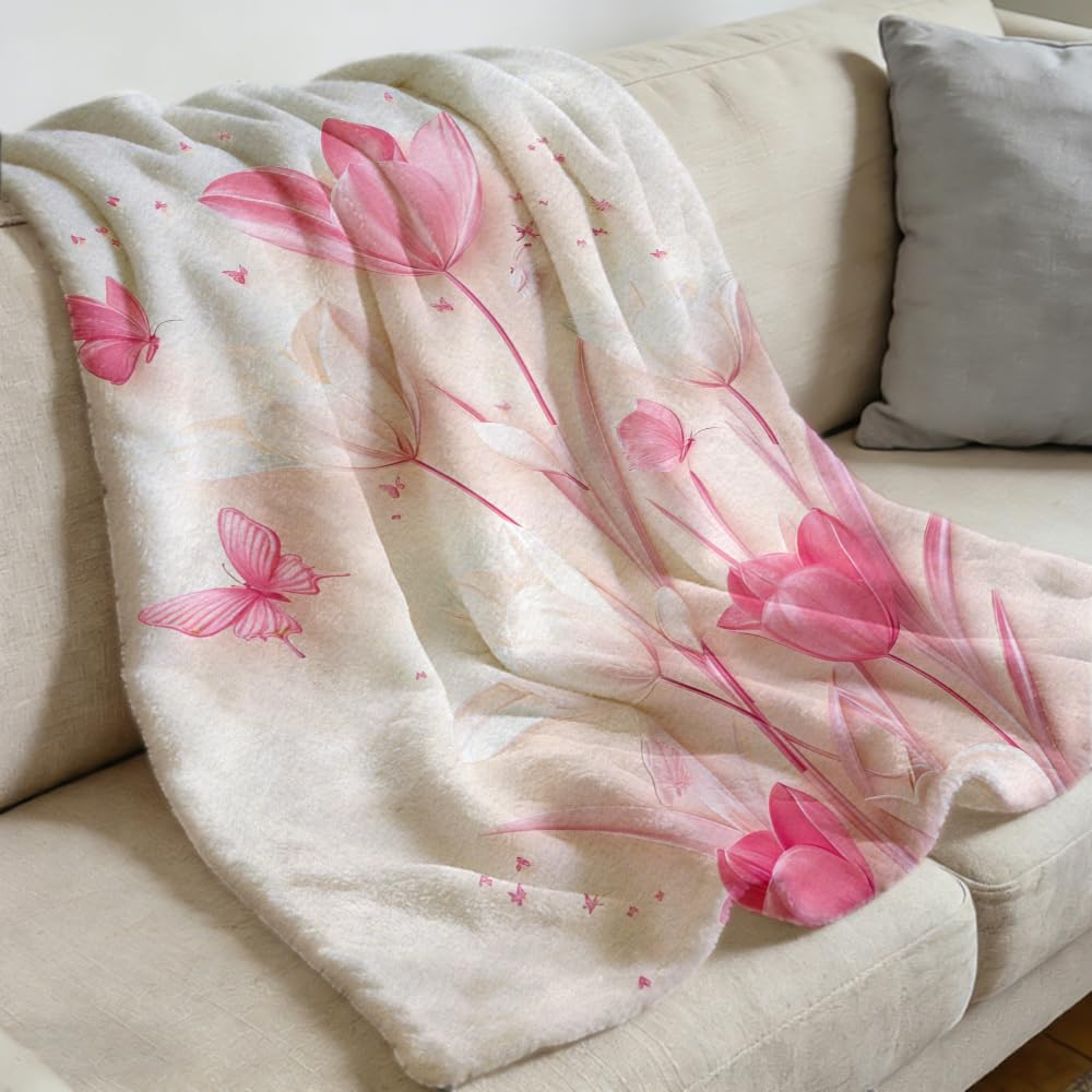 ZHOUSHUTONG White Pink Tulip Butterfly Flannel Throw Blanket, Soft Cozy Warm Plush Floral Blanket for Couch Bed Sofa, Elegant Flower Print Decorative Blanket, Gift for Women Girls 49"x59"