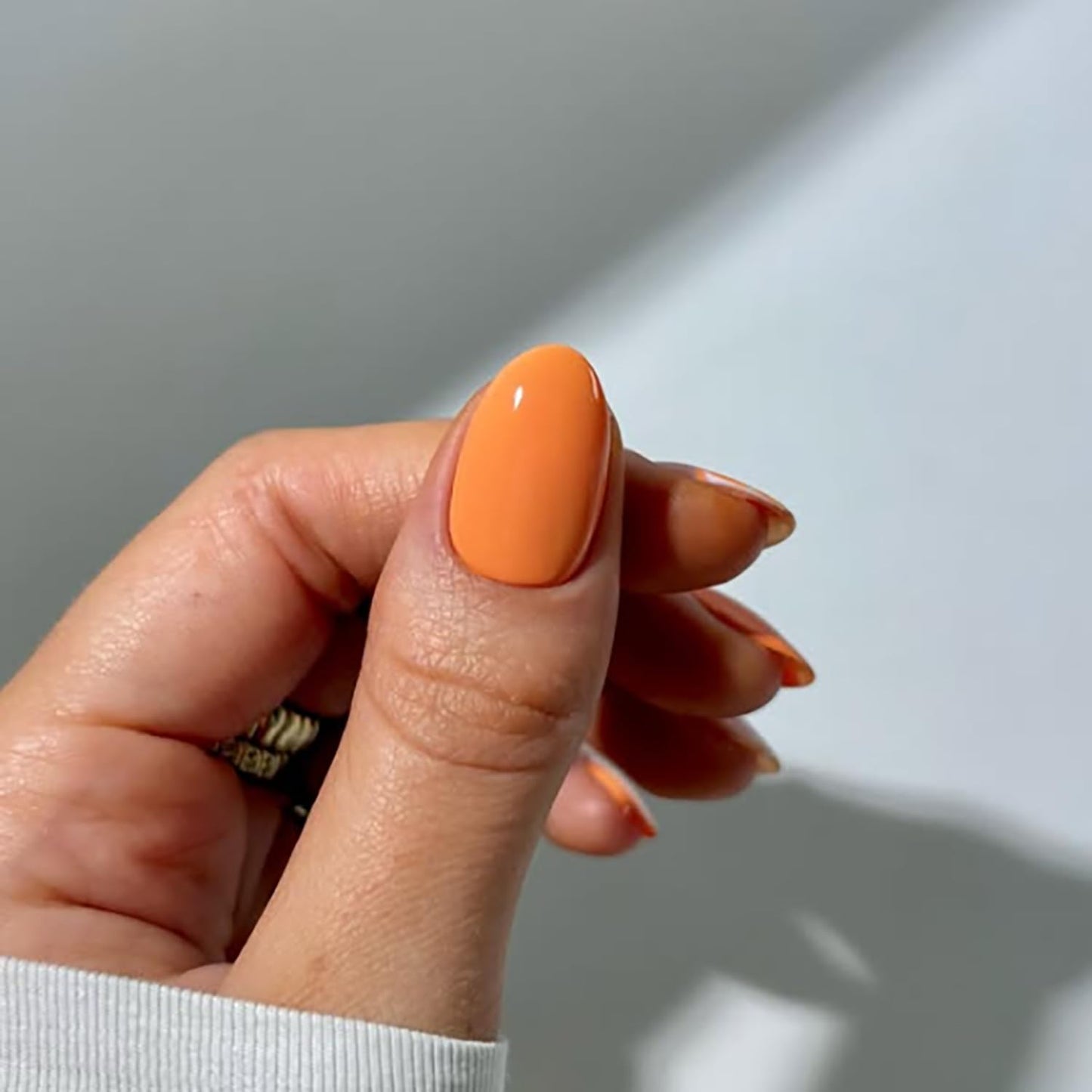 Orange Press On Nails Short Almond Fake Nails Press Ons With Orange Design False Nails Summer Acrylic Nails Glossy Glue On Nails For Women