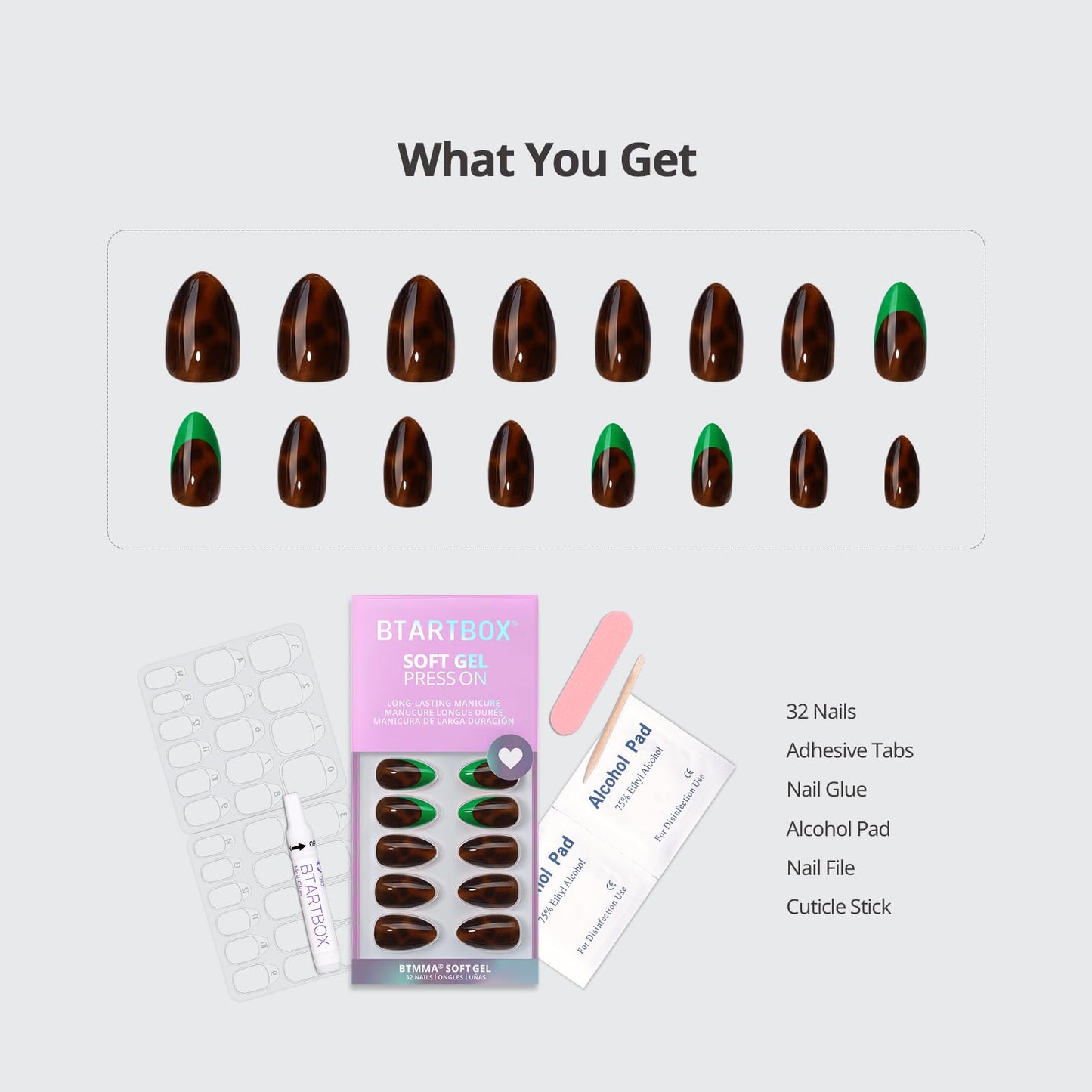 BTArtbox Press On Nails Short - Emerald Code, Tortoiseshell Almond Press On Nails with Glue and Adhesive Tabs for Women, Soft Gel Glue On Nails in 16 Sizes - 32 Stick On Nails Kit