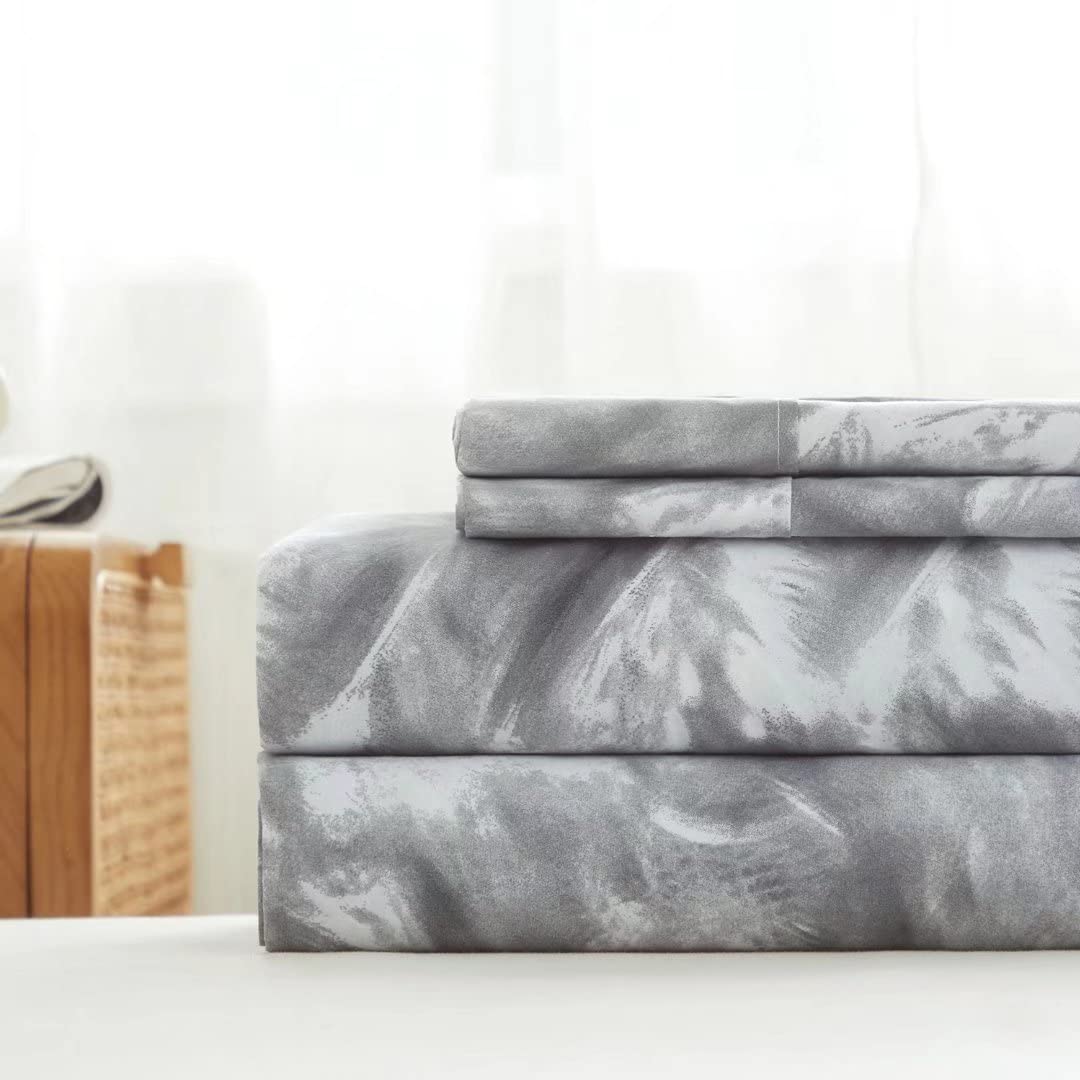 California King Size Bed Sheets Set 4PC - Soft Cooling 1800 Thread Count Microfiber Printed Sheet, 8 - 17" Deep Pocket Breathes Better, Wrinkle, Machine Washable Grey Marble Patterned Double Bedding