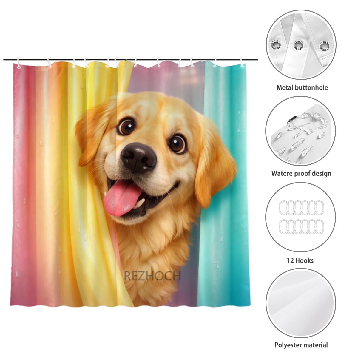 REZHOCH Funny Golden Retriever Shower Curtain 72x72Inch,Cute Dog Peeking Bath Curtain,Animal Colorful Pastel Kids Girls Gift Waterproof Fabric 3D Modern Home Bathroom Decor with Hooks