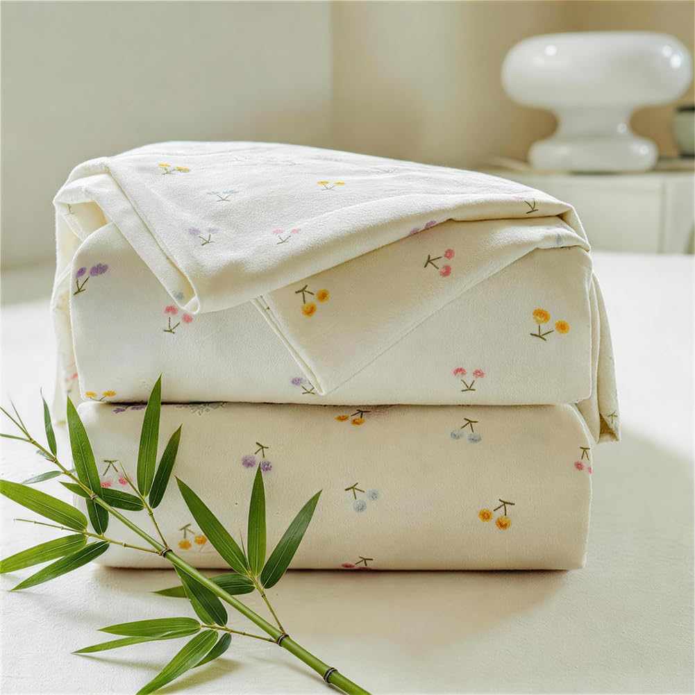 JaTaCa Colorful Cherry Full Sheet Set, Cooling Boho 100% Viscose Derived from Bamboo Sheets, Silky Bedding for Hot Sleepers, 4-Piece Full Flower Print Bedding Set with Deep Pocket up to 16"