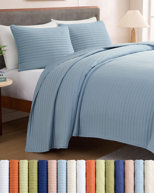 Quilts Queen Size - Dusty Blue Bedspread Queen Size with Stripe Stitch Pattern - Lightweight Bedspread for All Seasons - Soft, Breathable Comfy Summer Quilted Coverlet w/ 2 Pillow Shams - 90" x 96"