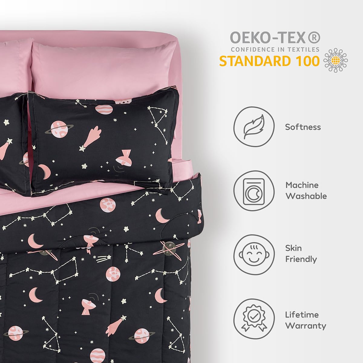 SLEEP ZONE Kids Twin Bedding Comforter Set - Super Cute & Soft Kids Bedding Bed in a Bag 5 Pieces Set with Comforter, Sheet, Pillowcase & Sham (Pink Galaxy)